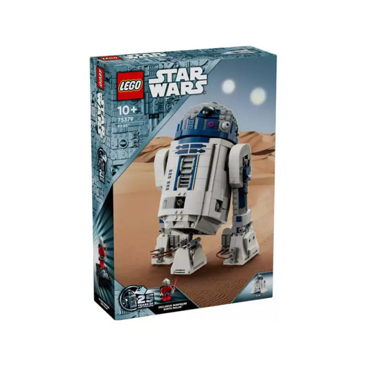 A LEGO Star Wars R2-D2 (75379) készlet doboza sivatagi háttérrel, az előtérben a megépített R2-D2 figura, Darth Malak jubileumi minifigura, „25 Years” logó és a termékinformációk.
