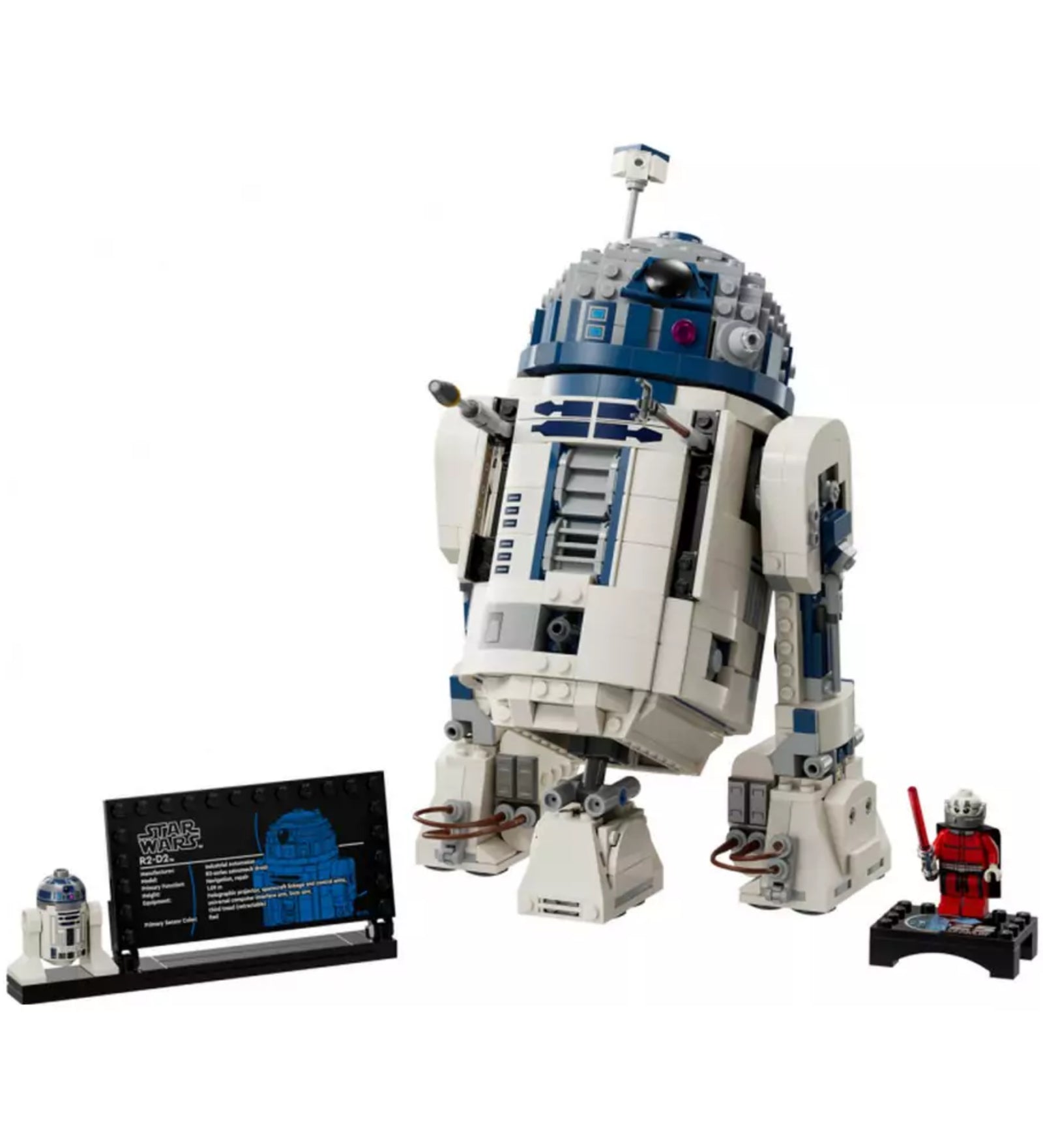 LEGO Star Wars R2-D2 (75379) készlet: részletesen megépített R2-D2 droid fehér és kék elemekből, kiemelkedő részletekkel, mellette kis méretű minifigura, Darth Malak minifigura és egy fekete információs tábla.