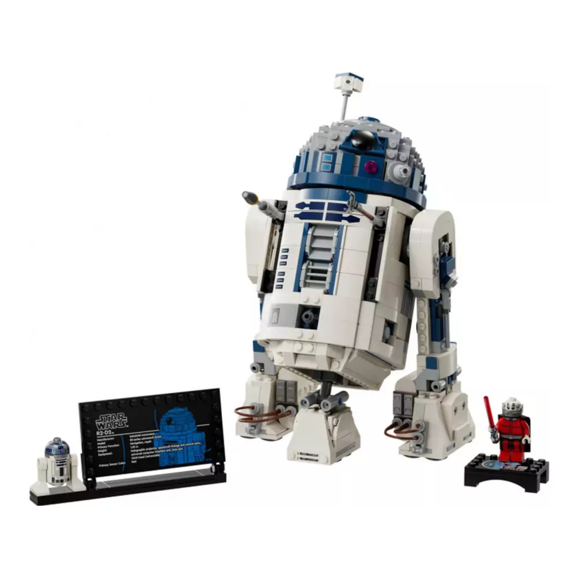 LEGO Star Wars R2-D2 (75379) készlet: részletesen megépített R2-D2 droid fehér és kék elemekből, kiemelkedő részletekkel, mellette kis méretű minifigura, Darth Malak minifigura és egy fekete információs tábla.