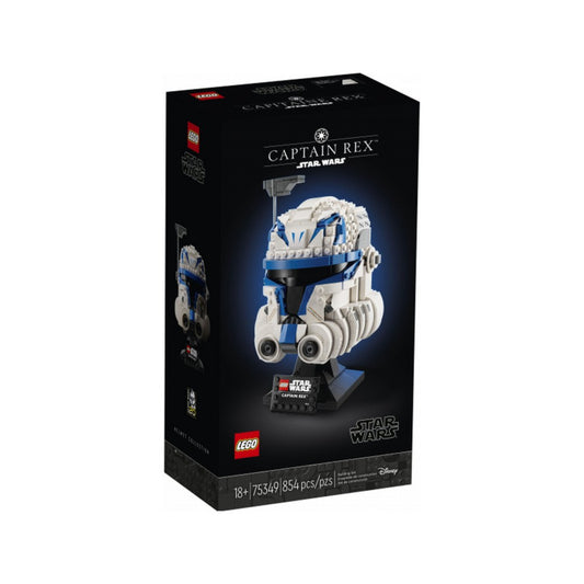 A LEGO Star Wars Rex kapitány sisak (75349) doboza fekete háttérrel, középen a megépített sisak modelljével, Star Wars logóval és a darabszámmal.