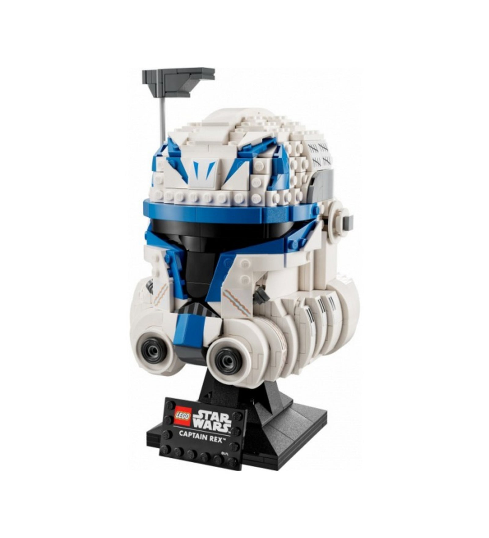 A LEGO Star Wars Rex kapitány sisak (75349) előlnézeti képe, jól kivehető kék V-alakú jelzéssel, részletes homlokpáncéllal és légtisztító elemekkel.