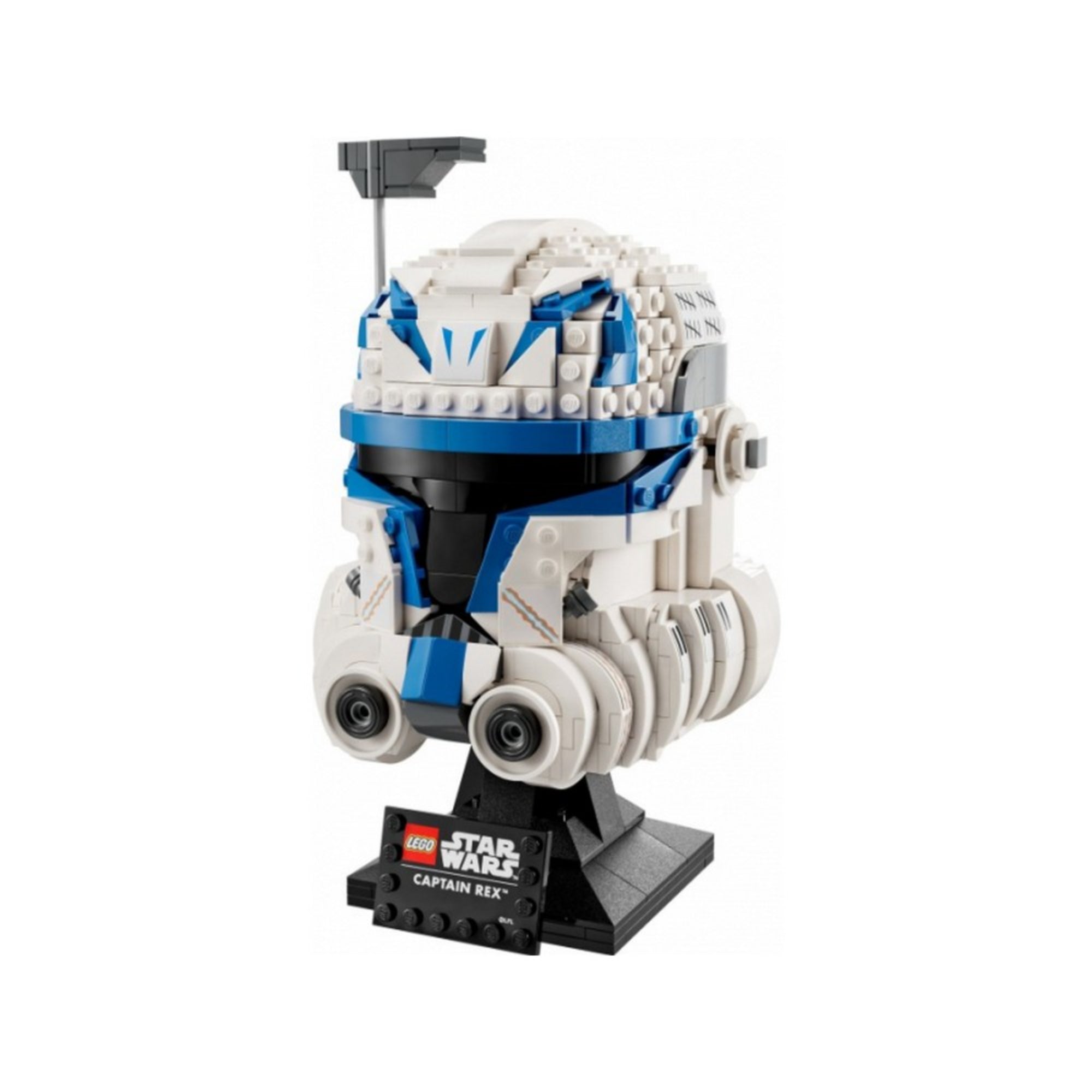 A LEGO Star Wars Rex kapitány sisak (75349) előlnézeti képe, jól kivehető kék V-alakú jelzéssel, részletes homlokpáncéllal és légtisztító elemekkel.