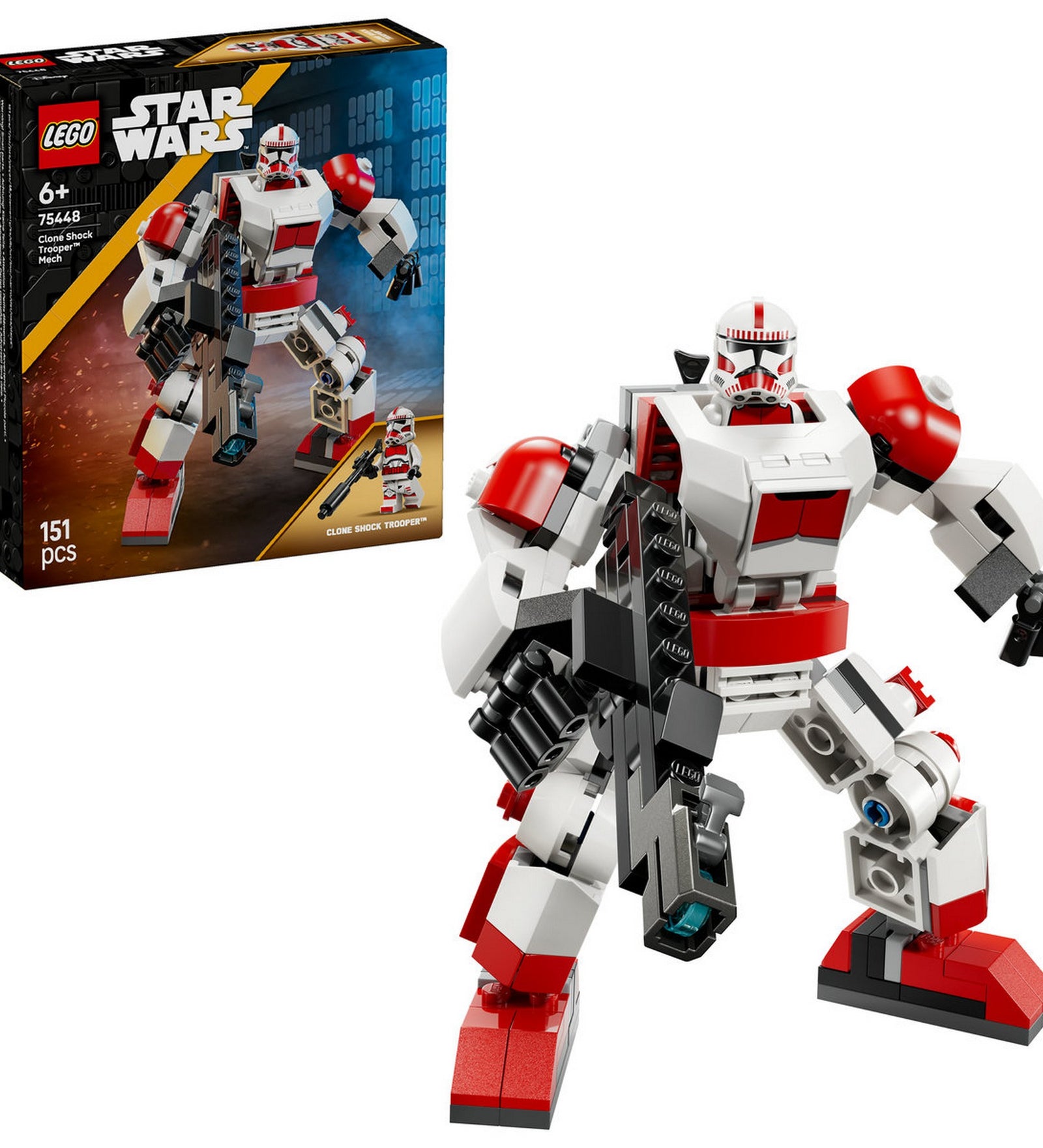 LEGO Star Wars Clone Shock Trooper Mech (75448) – A megépített Clone Shock Trooper mech közelről, kézben tartott fegyverrel és mozgatható végtagokkal.