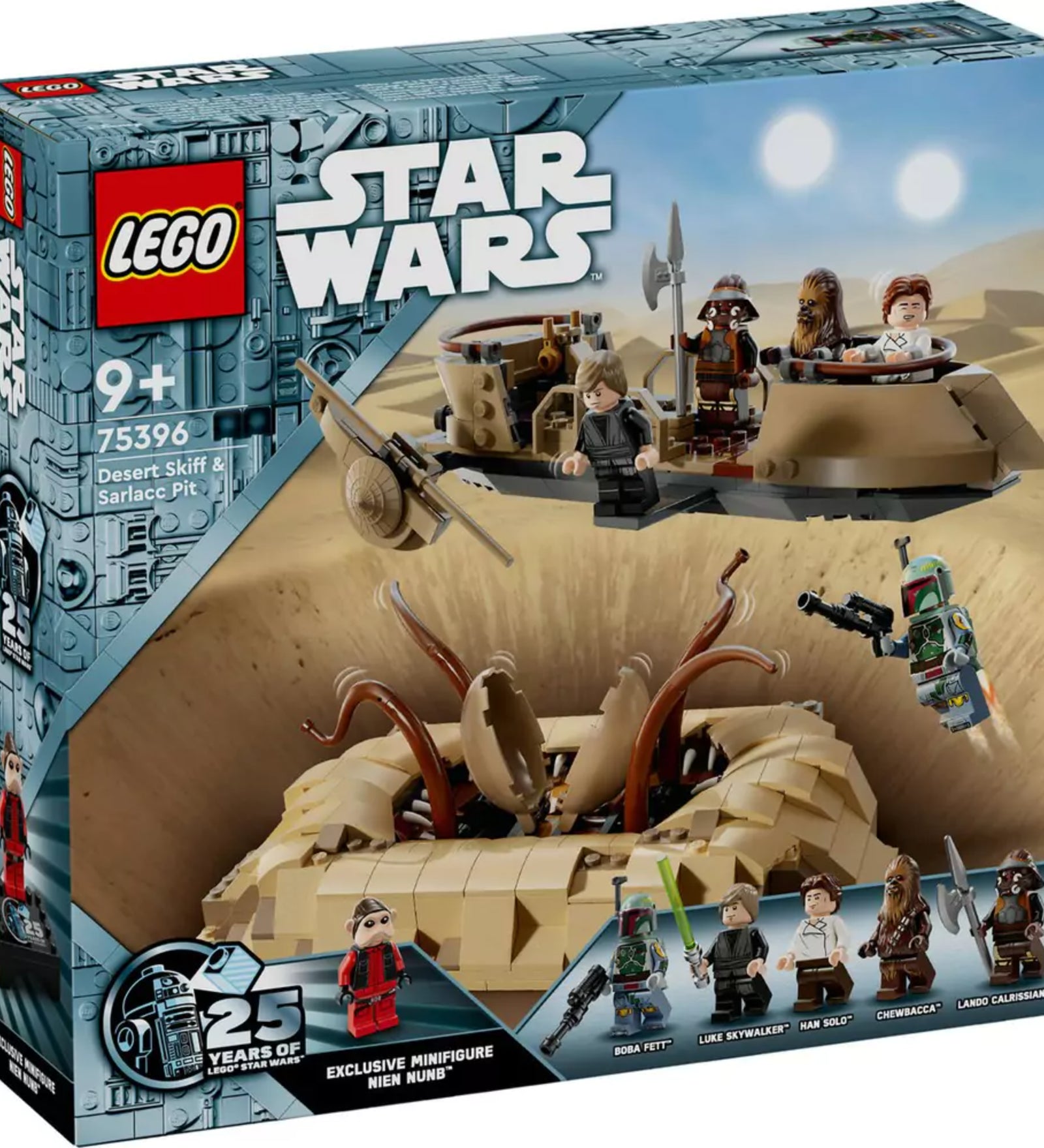 A LEGO Star Wars 75396-os szett doboza elölnézetből. A grafika a sarlacc verem fölött lebegő siklót és a klasszikus karaktereket ábrázolja: Luke Skywalker, Han Solo, Chewbacca és Boba Fett. A dobozon a 25 éves LEGO Star Wars logó és Nien Nunb exkluzív minifigurája is látható.