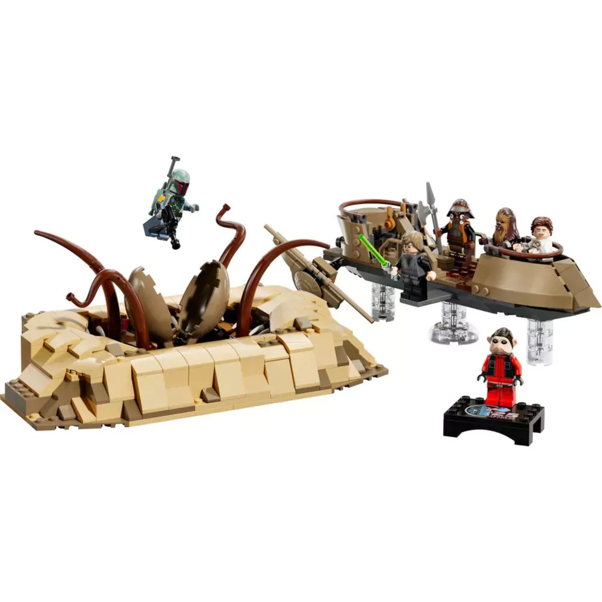 A teljes LEGO Star Wars 75396 szett elemei: a részletesen megépített sarlacc üreg, a lebegő sivatagi sikló áttetsző talapzatokon, valamint hat ikonikus minifigura, köztük Luke Skywalker, Boba Fett és Nien Nunb. A háttér fehér, a fókusz a játékelemeken van.