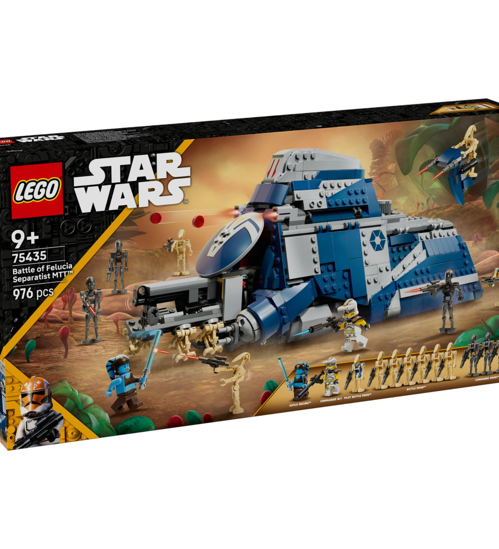 A LEGO Star Wars: Battle of Felucia – Separatist MTT (75435) doboza, amelyen a kék és szürke MTT jármű harci jelenetben látható a Felucia bolygón, LEGO minifigurákkal és droidokkal.