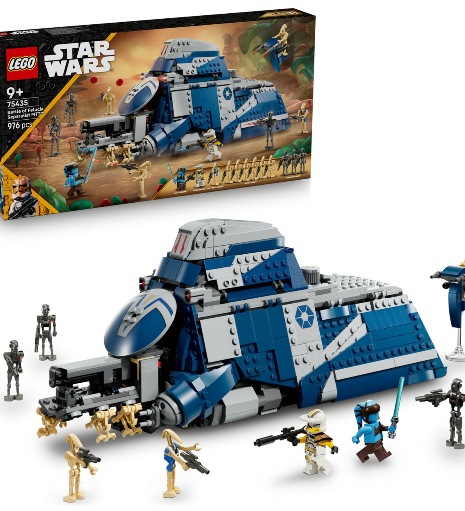 A LEGO Star Wars: Battle of Felucia – Separatist MTT (75435) készlet bemutatása a dobozzal és az összerakott MTT járművel, körülötte harci droidokkal és klónkatonákkal.