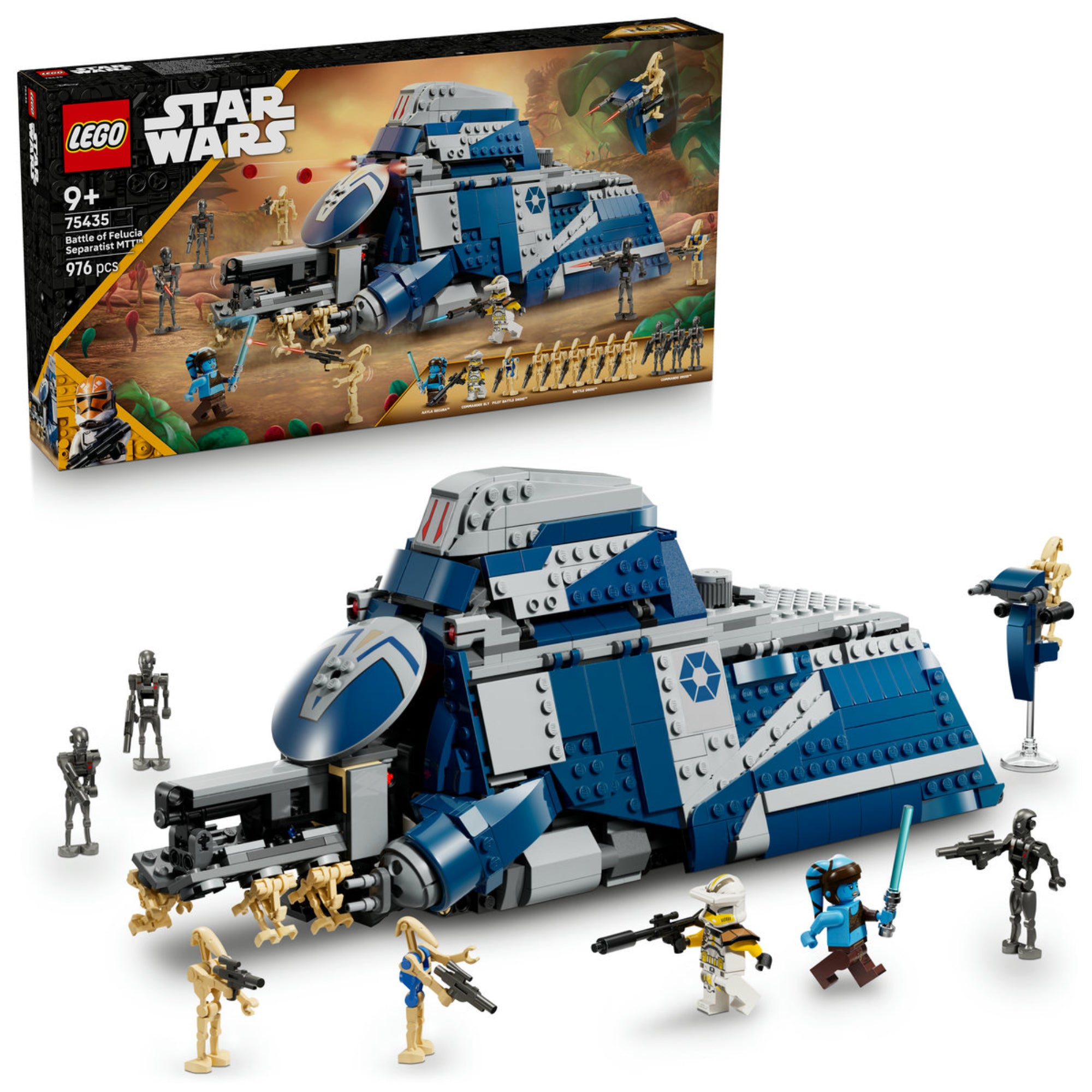 A LEGO Star Wars: Battle of Felucia – Separatist MTT (75435) készlet bemutatása a dobozzal és az összerakott MTT járművel, körülötte harci droidokkal és klónkatonákkal.