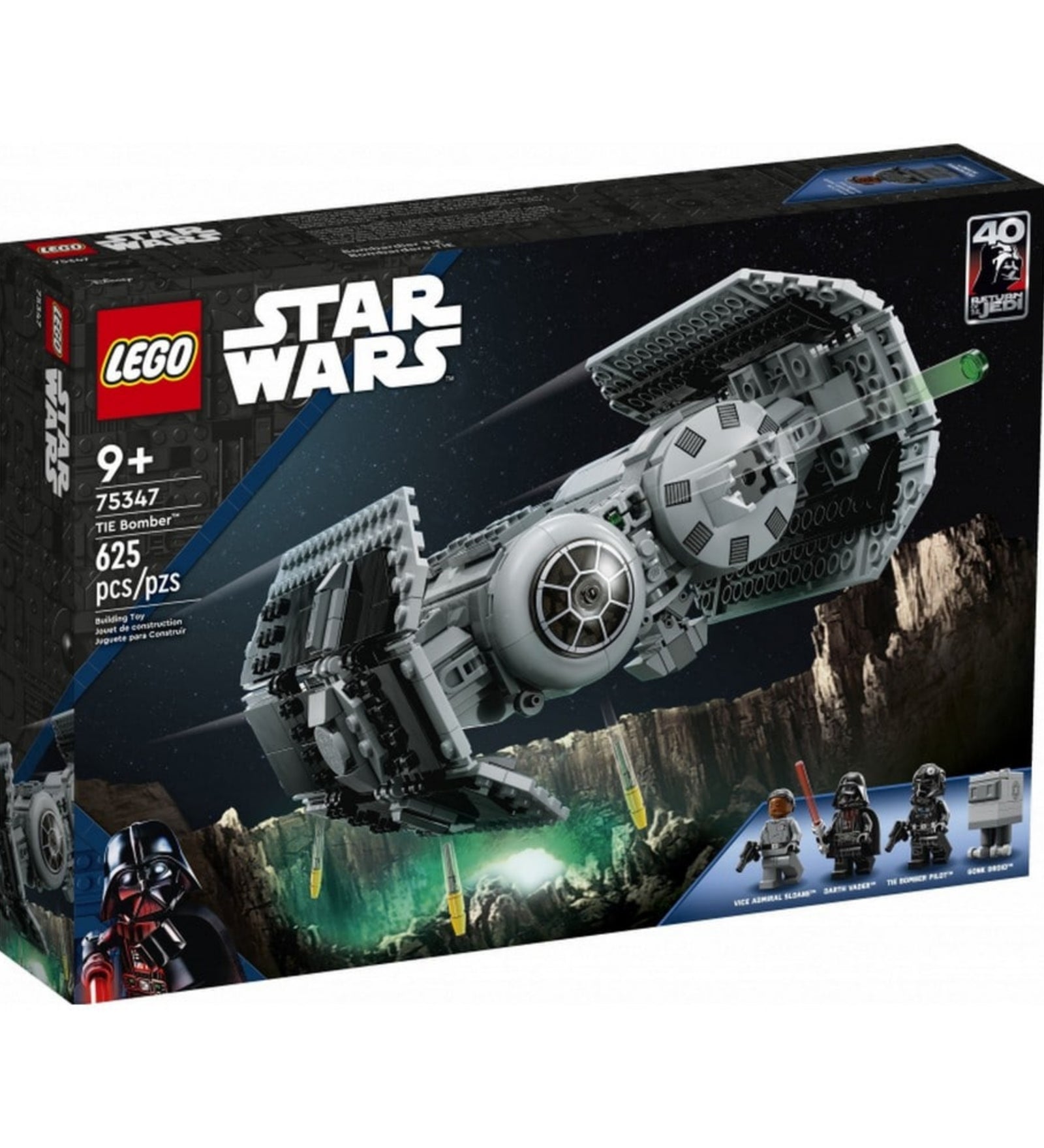 A LEGO Star Wars TIE bombázó (75347) készlet doboza elölnézetből, sötét háttéren repülő bombázó hajóval és a 40 éves Jedi visszatér évfordulós logóval.