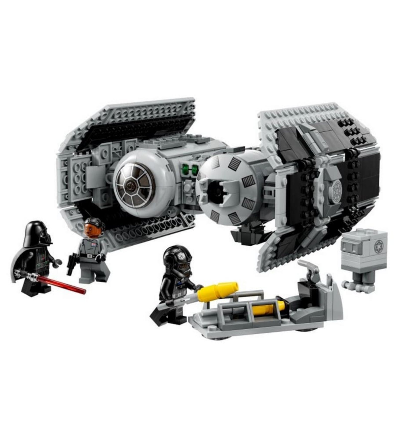 A LEGO Star Wars TIE bombázó (75347) teljes készlete, benne a bombázó hajó, Darth Vader, alezredes, TIE pilóta és GNK droid minifigurák, valamint bombatöltő kocsi.