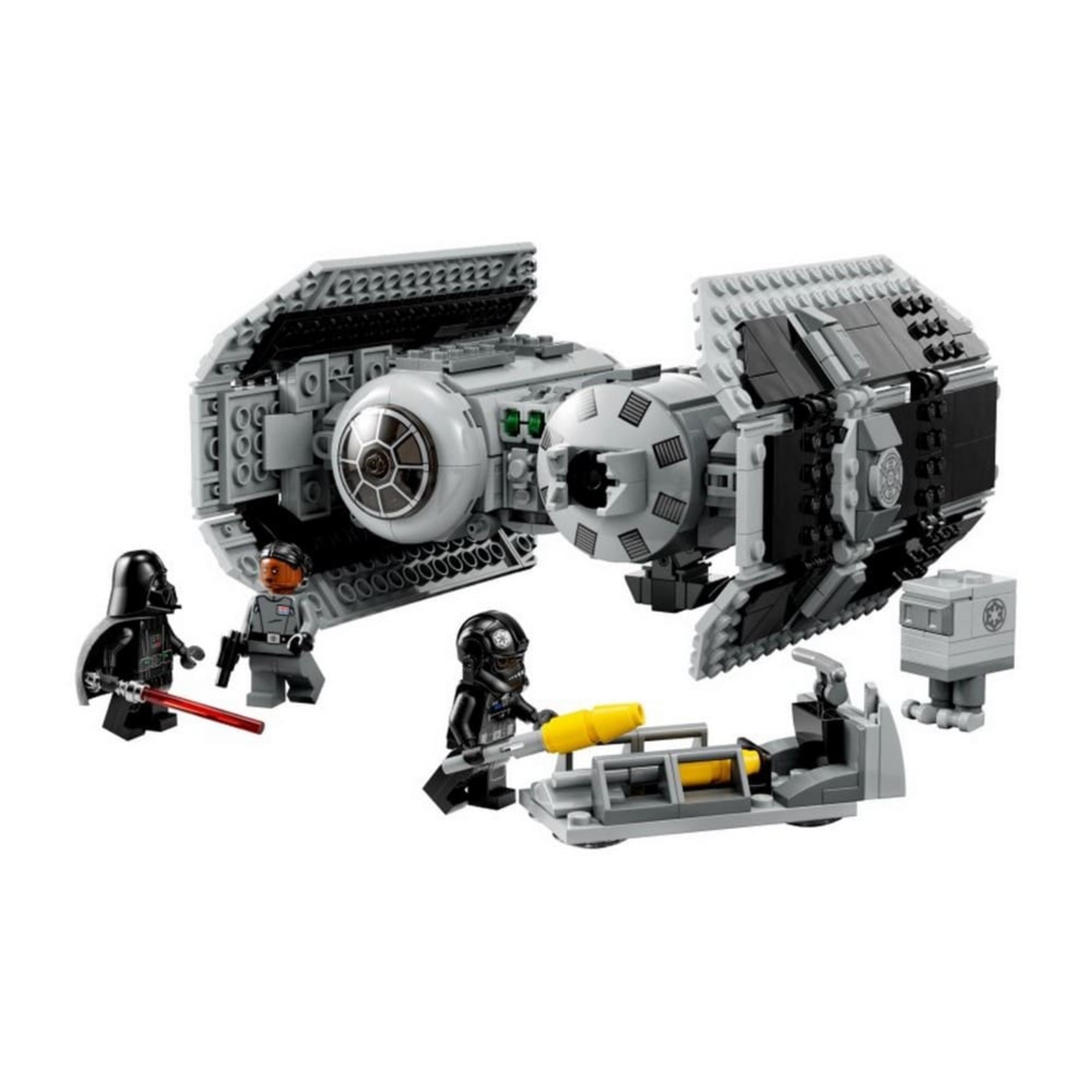 A LEGO Star Wars TIE bombázó (75347) teljes készlete, benne a bombázó hajó, Darth Vader, alezredes, TIE pilóta és GNK droid minifigurák, valamint bombatöltő kocsi.