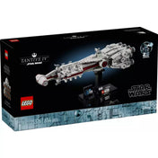 LEGO Star Wars Tantive IV (75376) építőkészlet doboza 654 darabbal, fekete háttéren, a díszállványra helyezett űrhajóval, valamint a 25 éves LEGO Star Wars logóval.