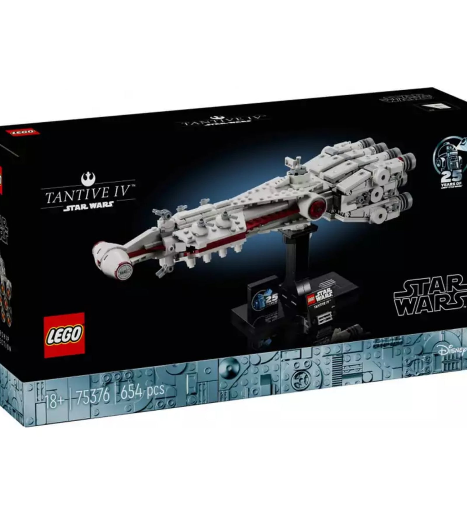 LEGO Star Wars Tantive IV (75376) építőkészlet doboza 654 darabbal, fekete háttéren, a díszállványra helyezett űrhajóval, valamint a 25 éves LEGO Star Wars logóval.