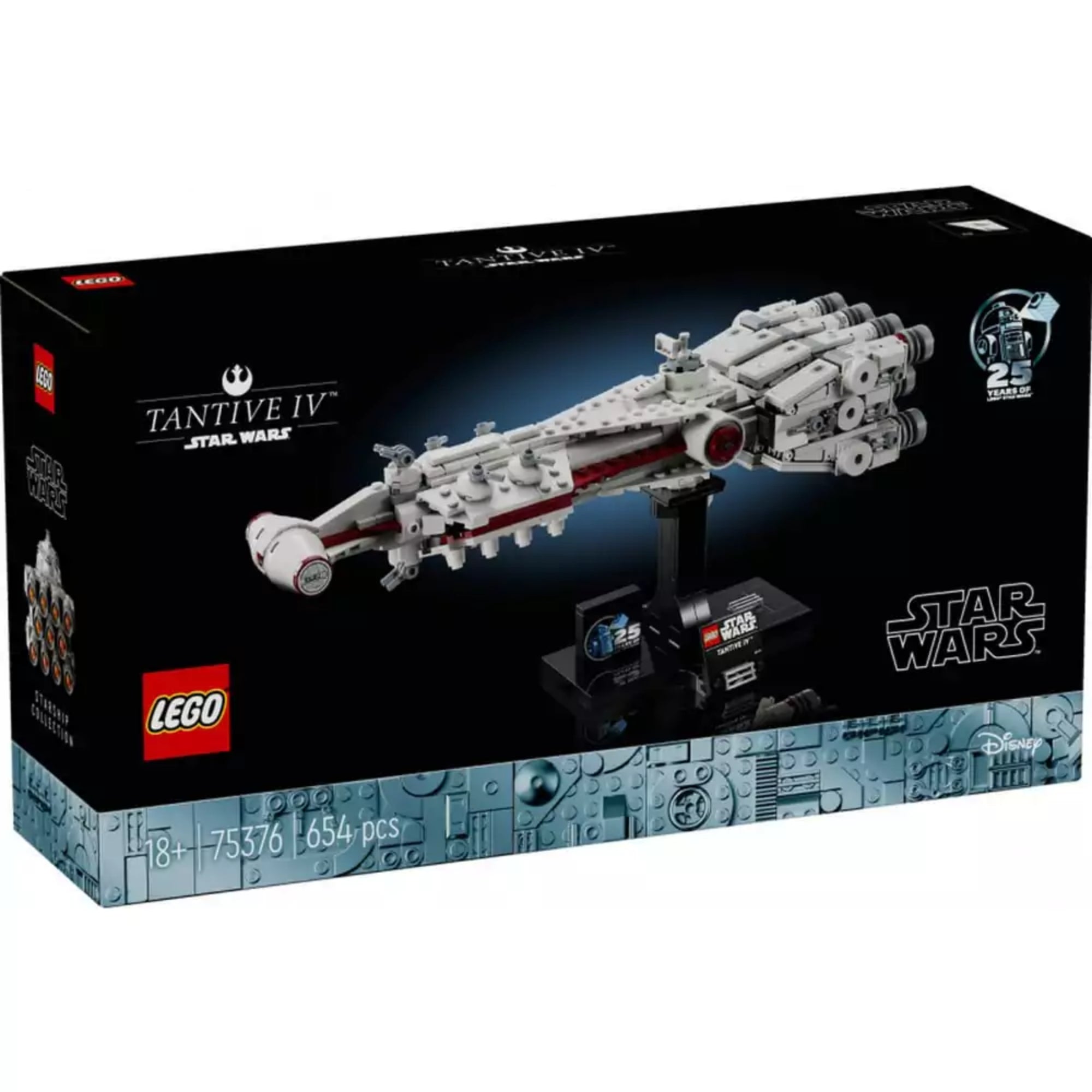 LEGO Star Wars Tantive IV (75376) építőkészlet doboza 654 darabbal, fekete háttéren, a díszállványra helyezett űrhajóval, valamint a 25 éves LEGO Star Wars logóval.