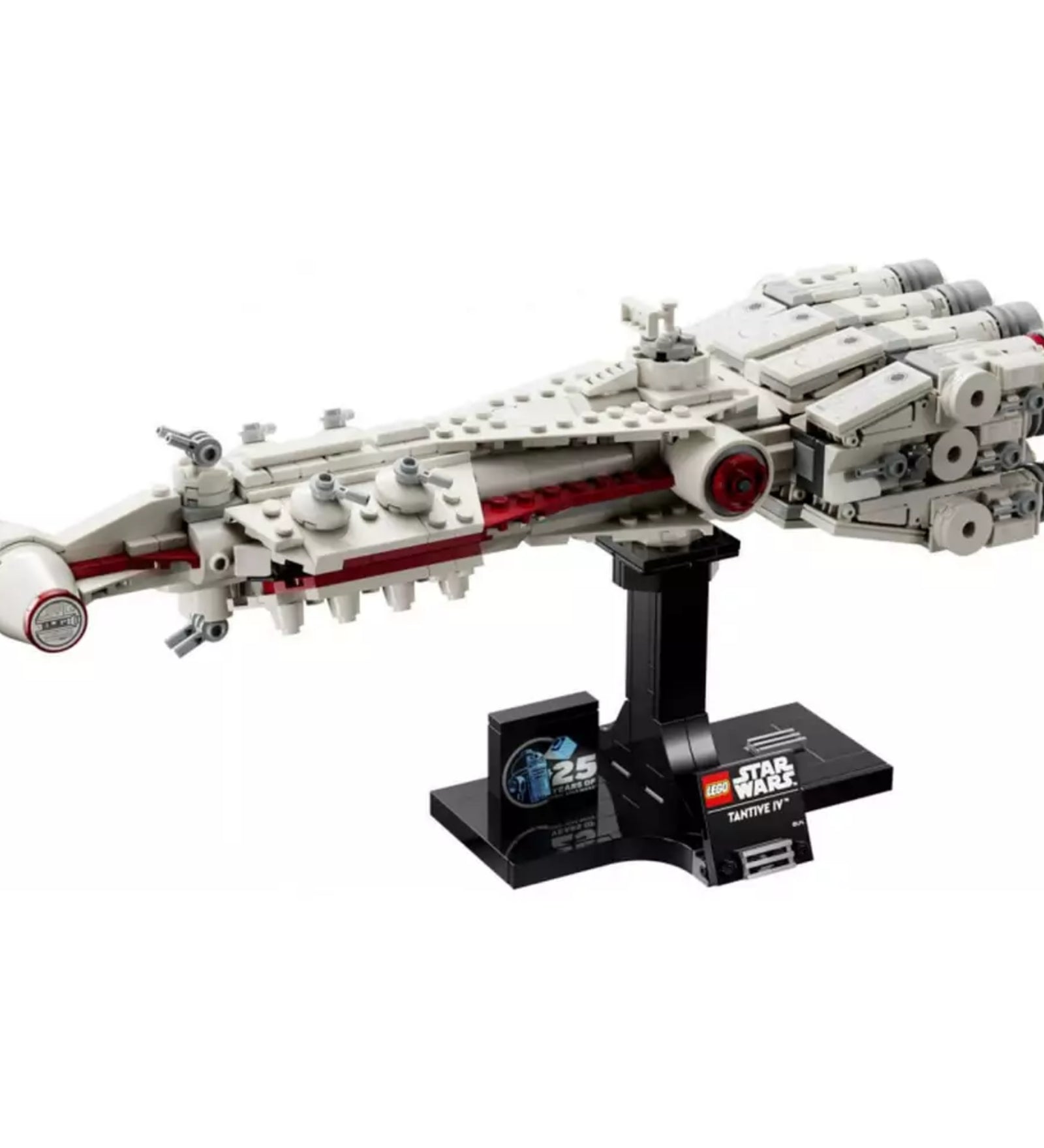 A LEGO Star Wars Tantive IV (75376) készlet összerakott modellje részletes kidolgozású hajóval és elegáns fekete bemutatóállvánnyal, amelyen a sorozat és évfordulós logók is láthatók.