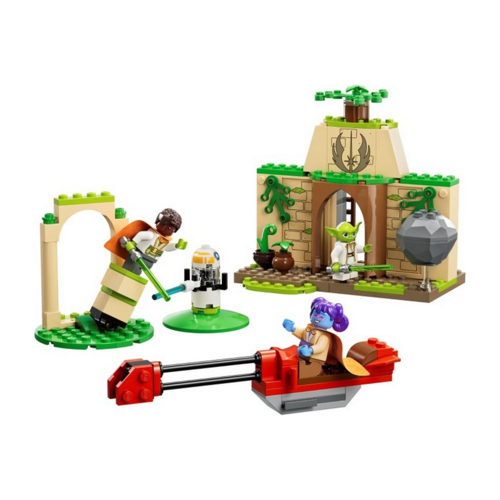 A LEGO Star Wars Tenoo Jedi templom (75358) készlet akcióban, Yoda, Kai és Lys edzés közben, fénykardokkal és lebegő platformon, a háttérben a templom épülete.