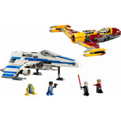 LEGO Star Wars 75364 készlet két vadászgéppel: az Új Köztársasági E-Wing és Shin Hati vörös-sárga űrhajója, valamint öt minifigura – Captain Porter, Morgan Elsbeth, Baylan Skoll, Shin Hati és egy kék-sárga asztrodroid
