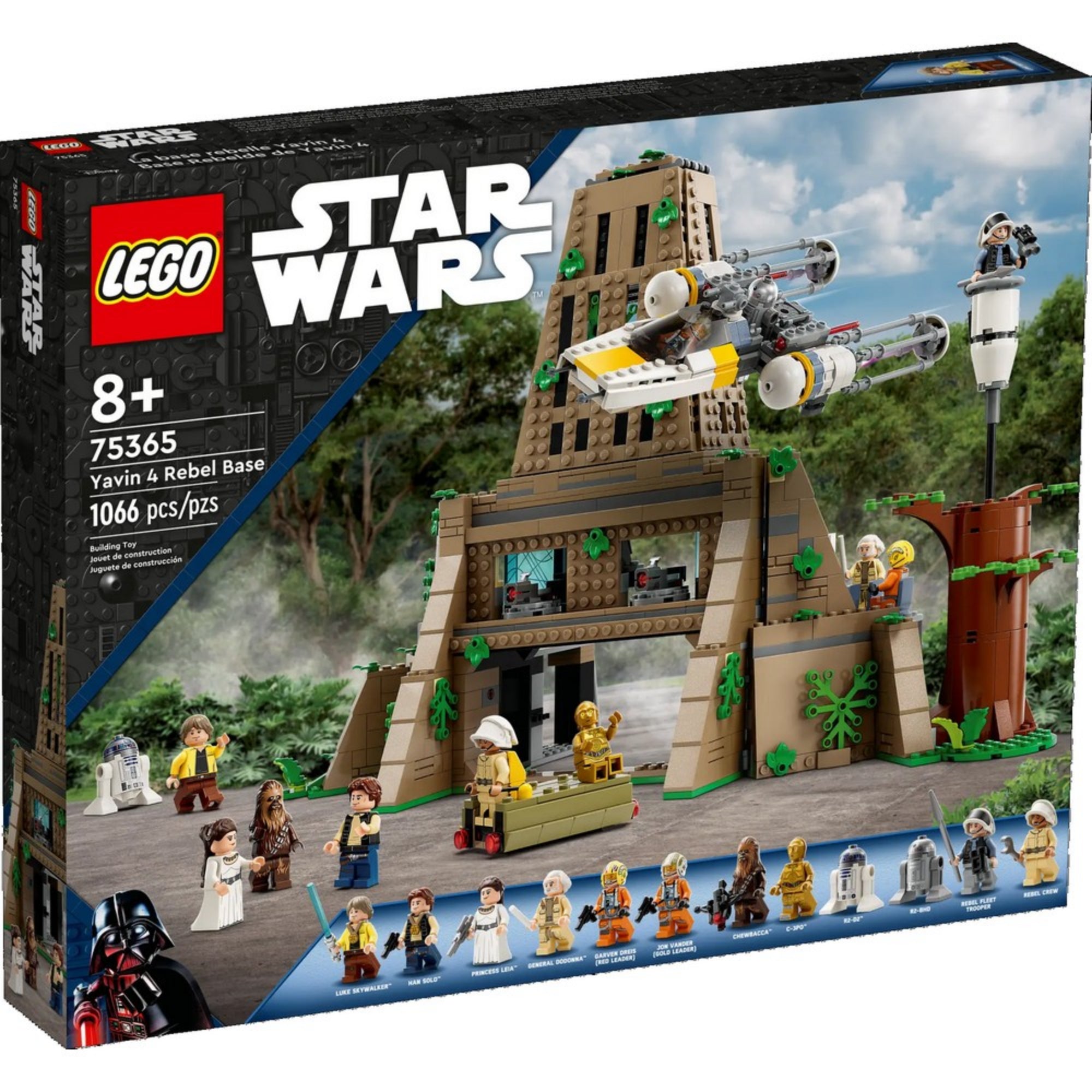 Részletes kép a LEGO Star Wars Yavin 4 – a Lázadók bázisa (75365) dobozáról, amelyen a teljes jelenet látható az ikonikus templomszerű bázissal, Y-szárnyú vadászgéppel, 12 minifigurával és az erdei háttérrel.
