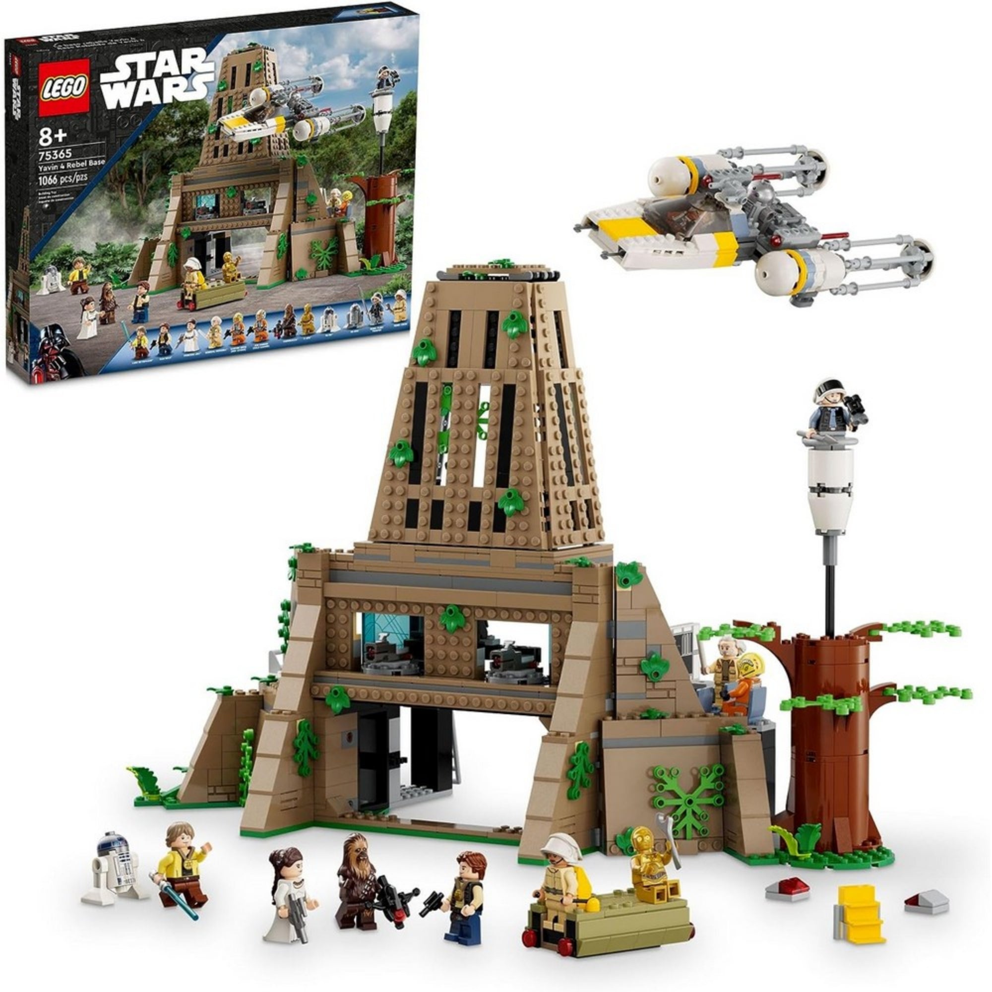 A LEGO Star Wars Yavin 4 – a Lázadók bázisa (75365) teljes készlete dobozzal és összerakott elemekkel: a bázis épülete, a kilövésre kész Y-szárnyú vadászgép, egy figyelőtorony, 12 ikonikus minifigura és kiegészítők.