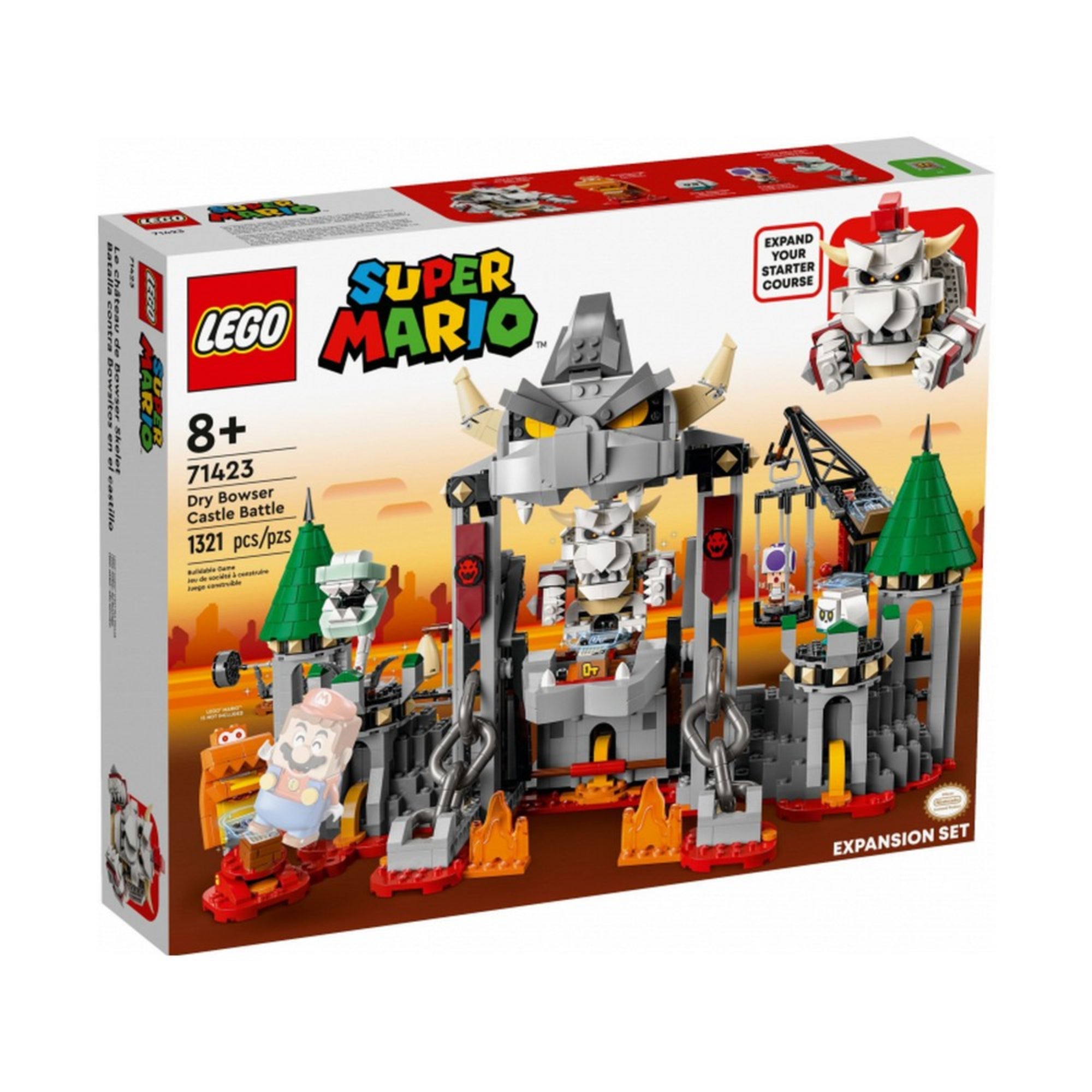 Ez a kép a LEGO Super Mario: Dry Bowser Castle Battle kiegészítő szettet (71423) mutatja be. A szett egy látványos kastélycsatát ábrázol, ahol a játékosok szembeszállhatnak a félelmetes Száraz Bowserrel (Dry Bowser).