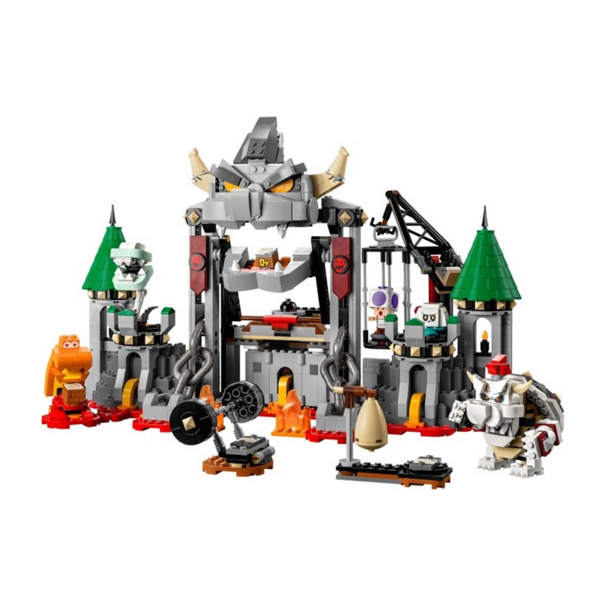 Ez a képen a LEGO Super Mario 71423 – Dry Bowser kastélycsata teljes, díszített változata látható. A hátborzongató kastély középpontjában egy hatalmas, dühös csontváz Bowser (Dry Bowser) fej trónol, kinyitható szájjal és láncokkal díszített bejárattal.
