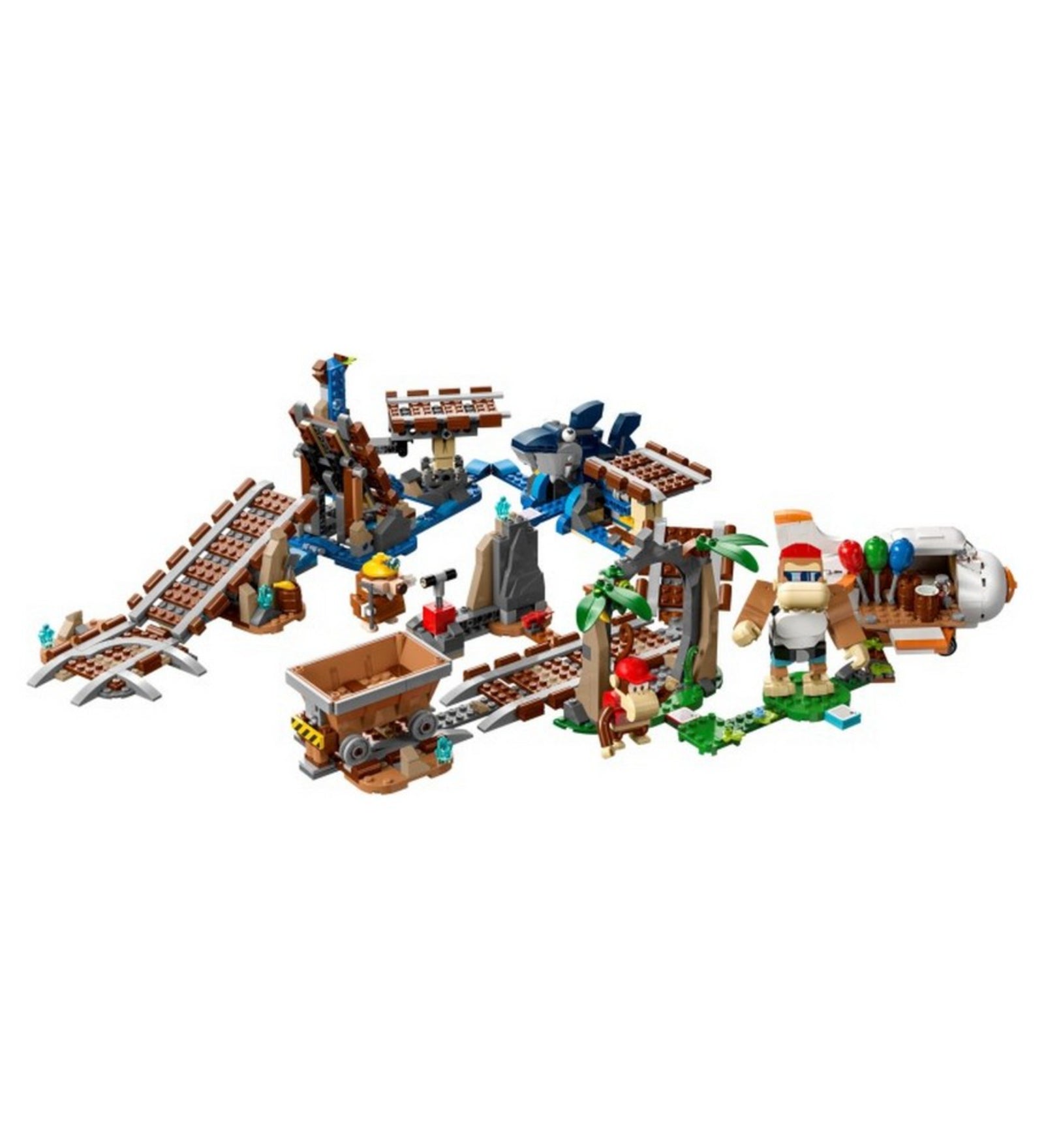 A LEGO Super Mario Diddy Kong utazása a bányacsillében (71425) készlet összerakott változata, sínekkel, kocsival, repülővel és több Donkey Kong karakterrel.