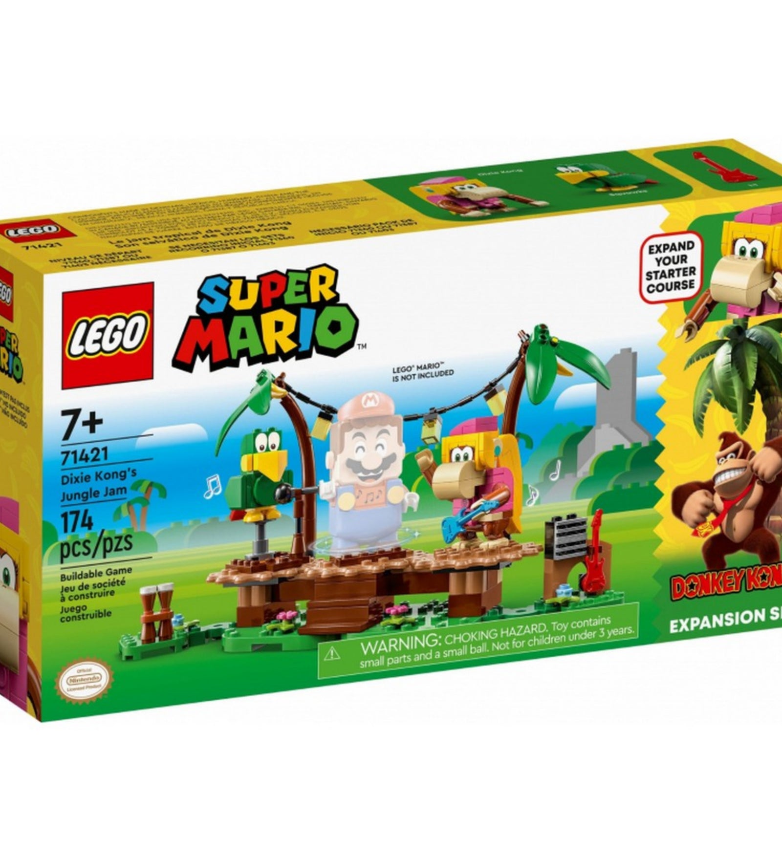 A LEGO Super Mario Dixie Kong Jungle Jam kiegészítő szett (71421) színes, 174 darabos készletének doboza, amelyen Dixie Kong és a színpadi jelenet látható, Super Mario figura nélkül.