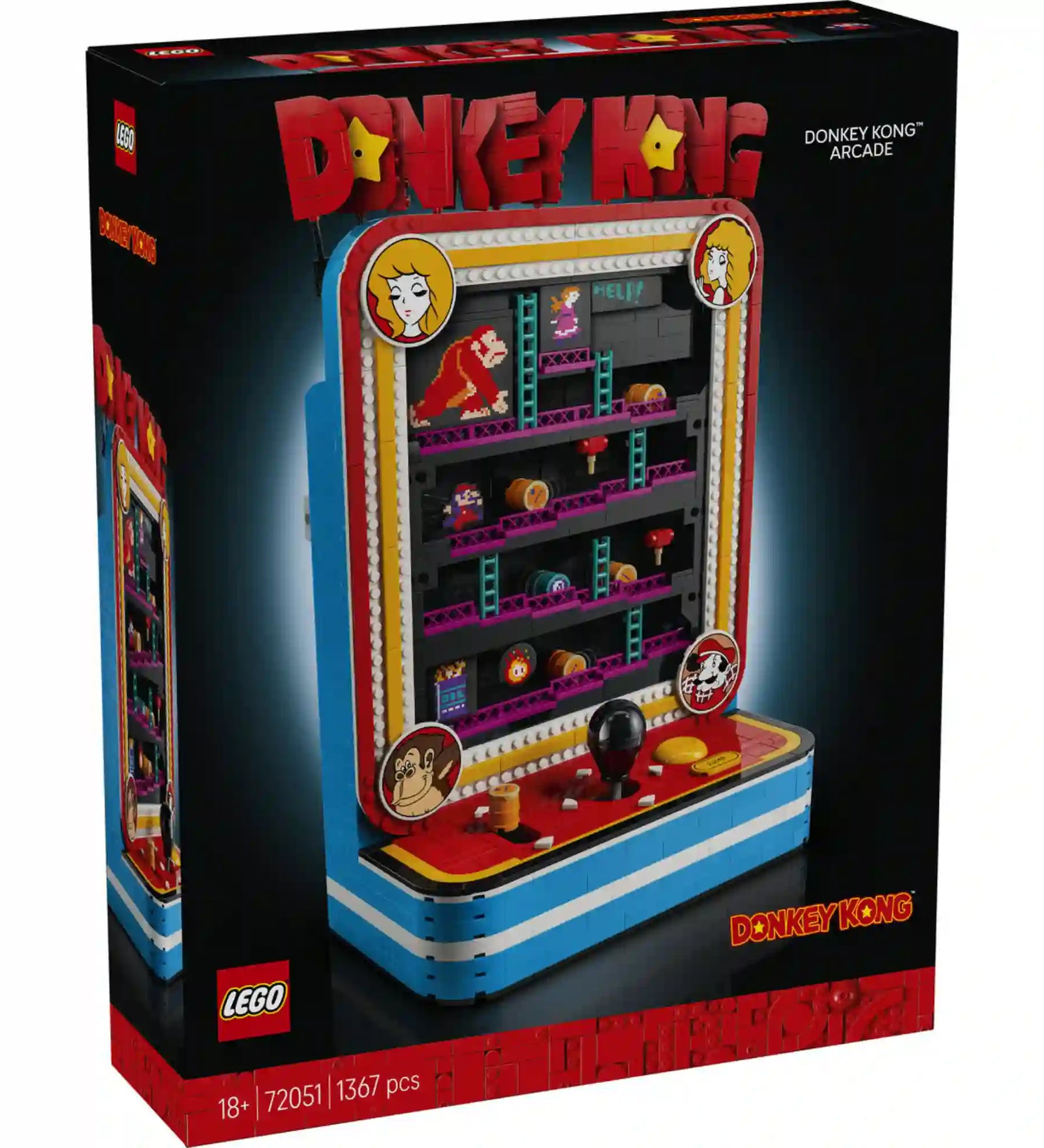 LEGO Super Mario: Donkey Kong játékgép 72051 készlet doboza a 1367 darabos retró arcade modellel.