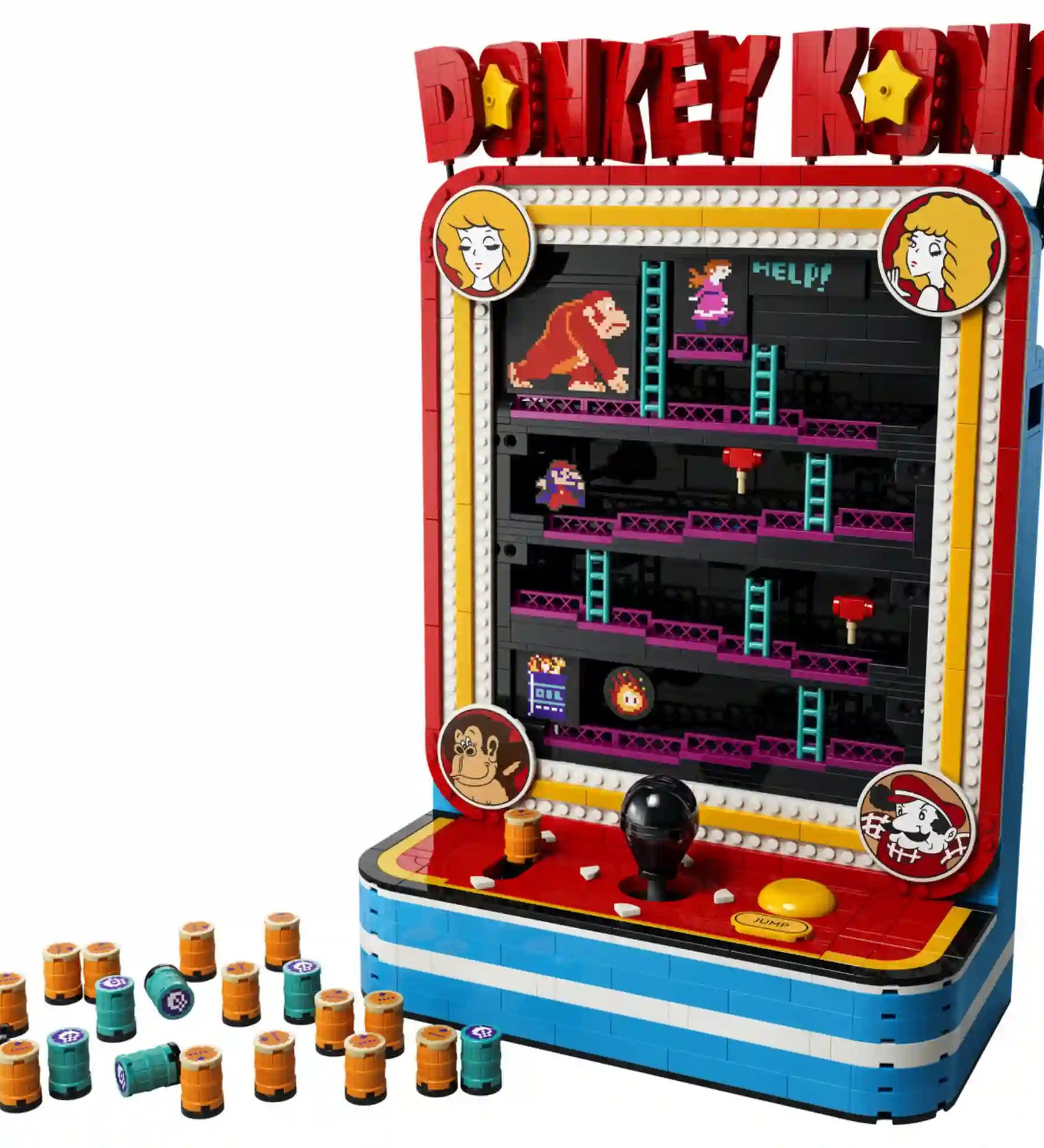 LEGO Super Mario: Donkey Kong játékgép 72051 megépített retró játékgép hordóelemekkel és klasszikus Donkey Kong pályával.