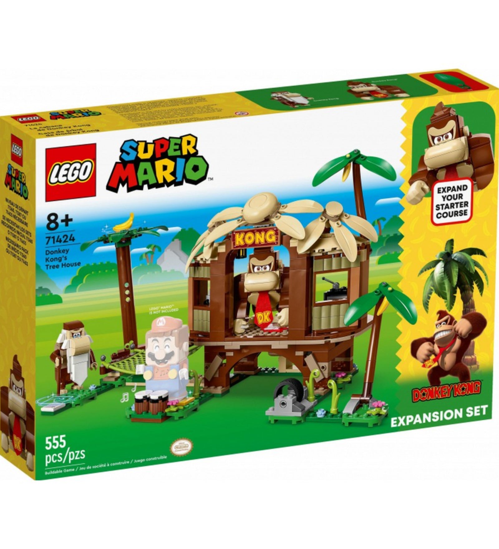 A LEGO Super Mario Donkey Kong lombháza kiegészítő szett (71424) doboza, rajta a készlet látványos grafikájával, Donkey Kong és Cranky Kong figuráival, valamint a trópusi lombház részleteivel.