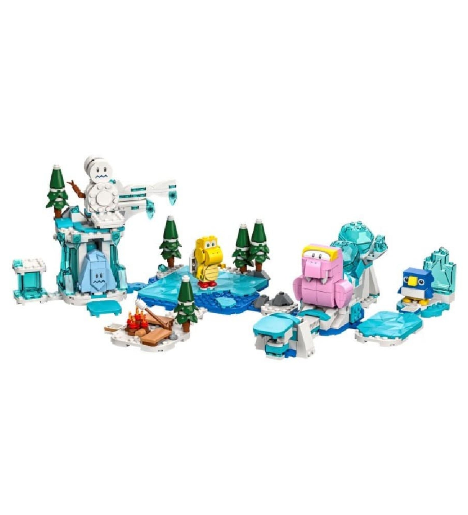 A LEGO Super Mario Fliprus havas kaland kiegészítő szett (71417) összerakott játékelemei: Fliprus figura, pingvin, jeges pálya és fenyőfák.