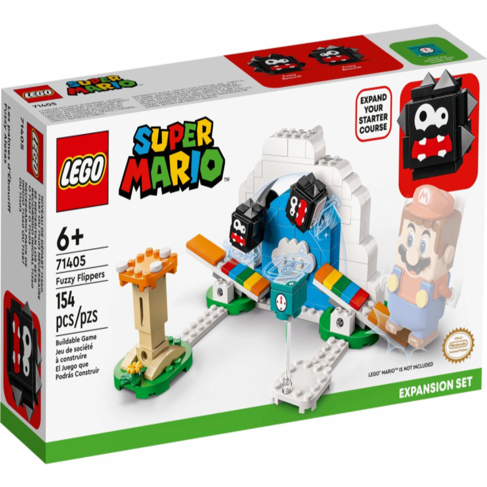 A LEGO Super Mario Fuzzy kilövő kiegészítő szett (71405) doboza, rajta a játék elemeinek és funkcióinak illusztrációival.