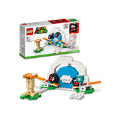A LEGO Super Mario Fuzzy kilövő kiegészítő szett (71405) doboza és az összerakott játékelemek egy képen.
