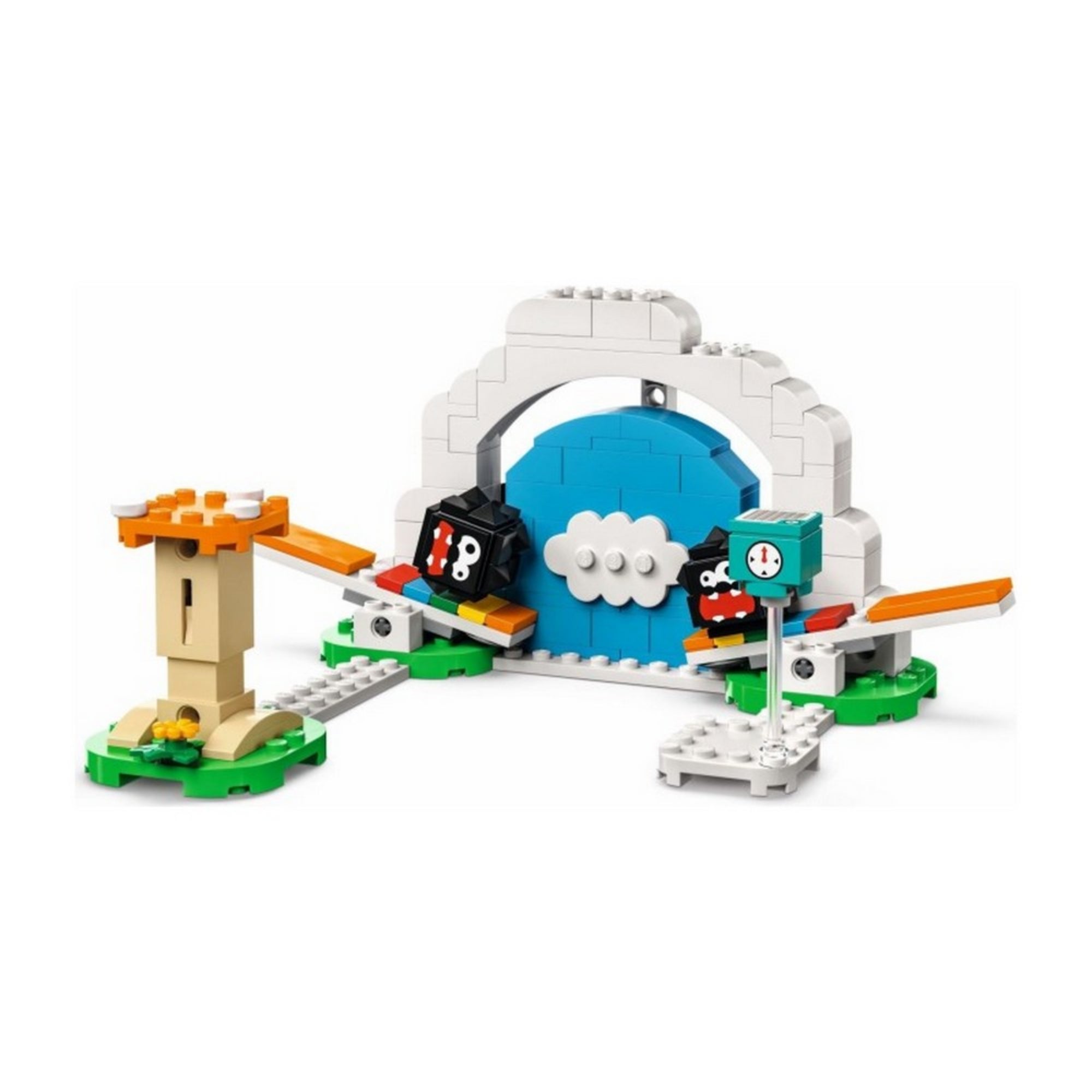 A LEGO Super Mario Fuzzy kilövő kiegészítő szett (71405) teljesen összerakva, két mozgó elemmel és háttérkapuval.