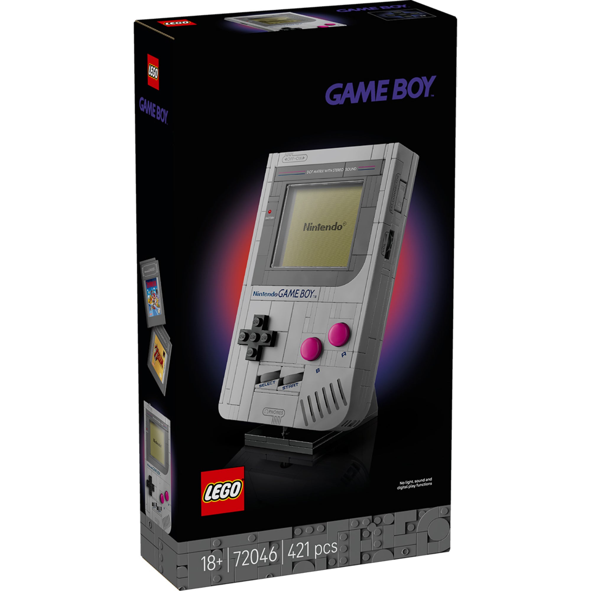 LEGO Game Boy (72046) elölnézeti dobozkép, 18+ korosztály, 421 darabos nosztalgia készlet.