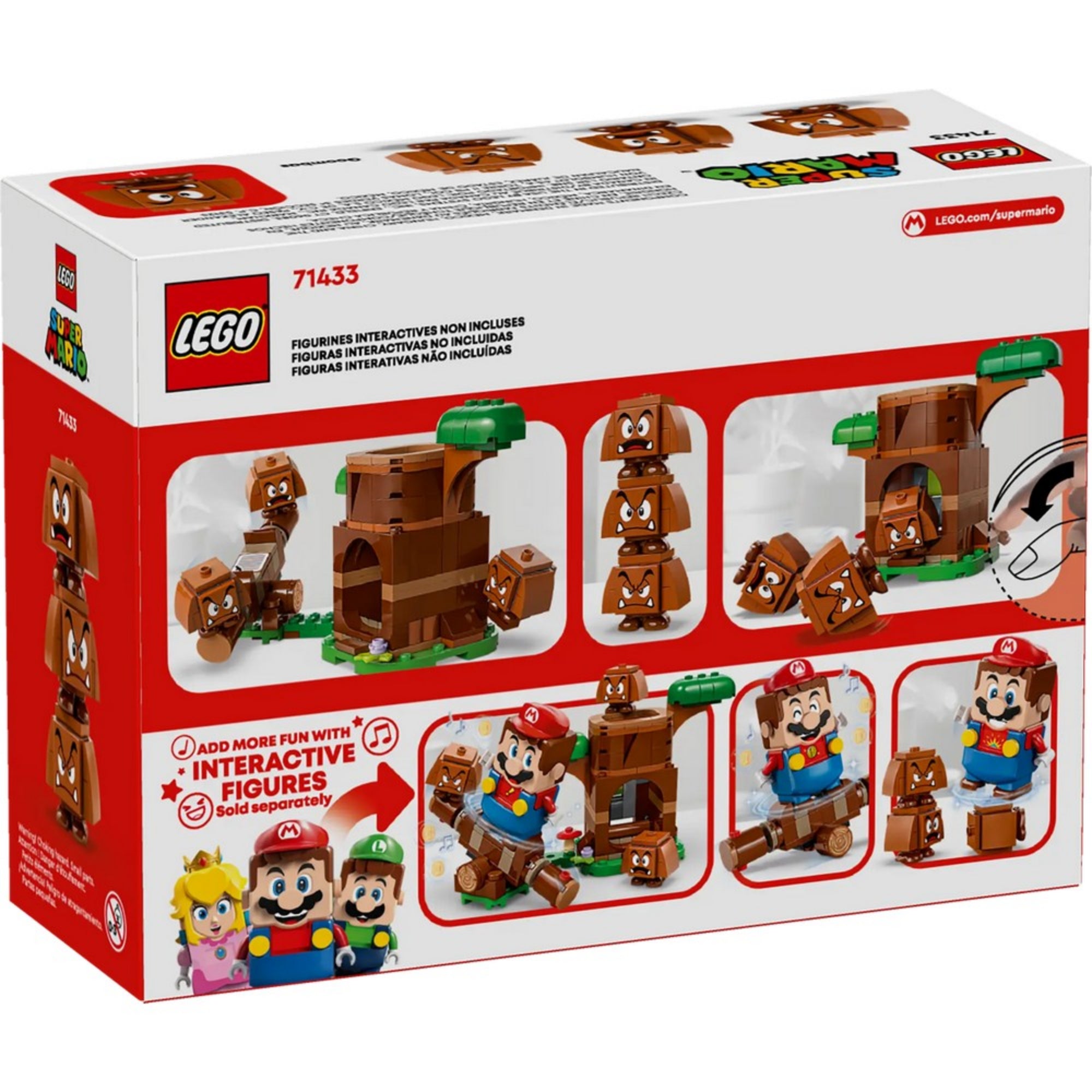 A LEGO Super Mario Goomba játszótér (71433) dobozának hátlapja, bemutatva a játékmenetet és a Goomba figurákkal való interaktív lehetőségeket.