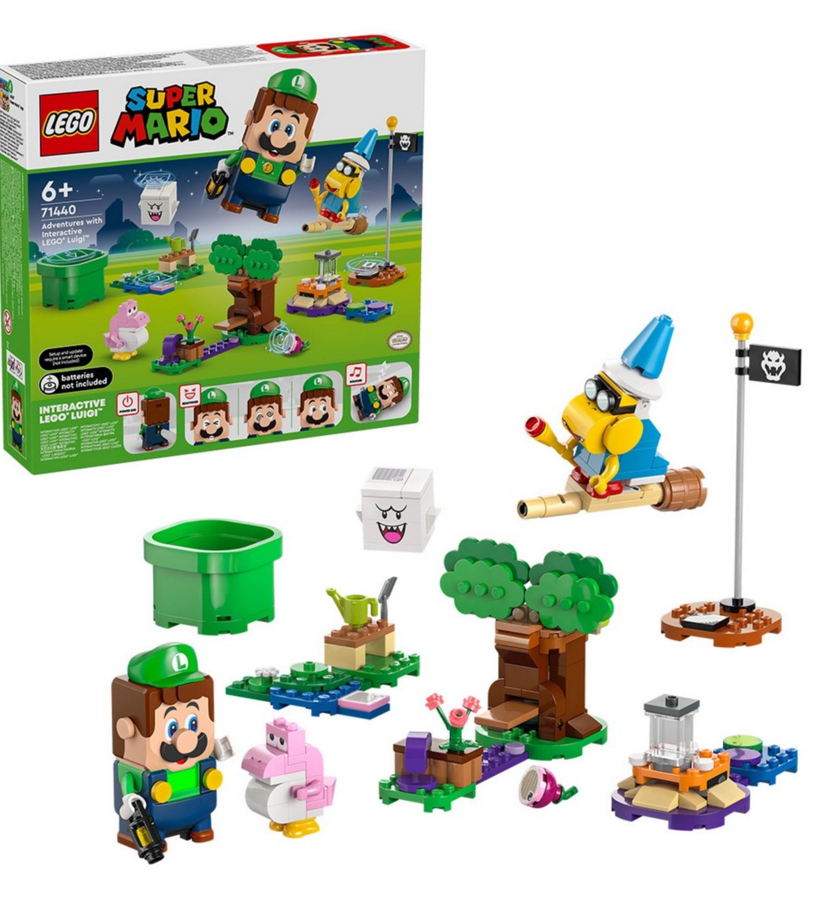 A LEGO Super Mario 71440 kezdőkészlet doboza Luigi figurával, a doboz előtt az összes karakterrel és pályaelemmel, beleértve Baby Yoshit, Boo-t, Kameket, a startcsövet és célzászlót.