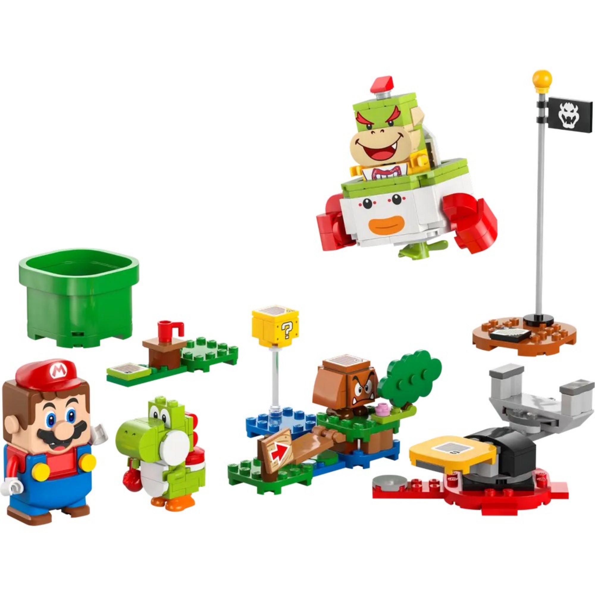 A LEGO Super Mario 71439 készlet összes eleme kibontva: interaktív LEGO Mario figura, Yoshi, Bowser Jr. gépe, Goomba, kezdőcső, célzászló, valamint színes, moduláris pályaelemek.