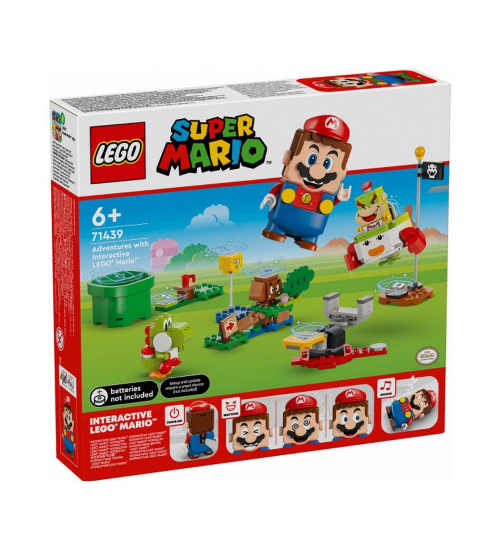 A LEGO Super Mario 71439 készlet dobozának elölnézete, ahol Mario figurája épp akcióban repül, a háttérben a szett szereplői és a pályaelemek – interaktív játéklehetőségeket kiemelve.