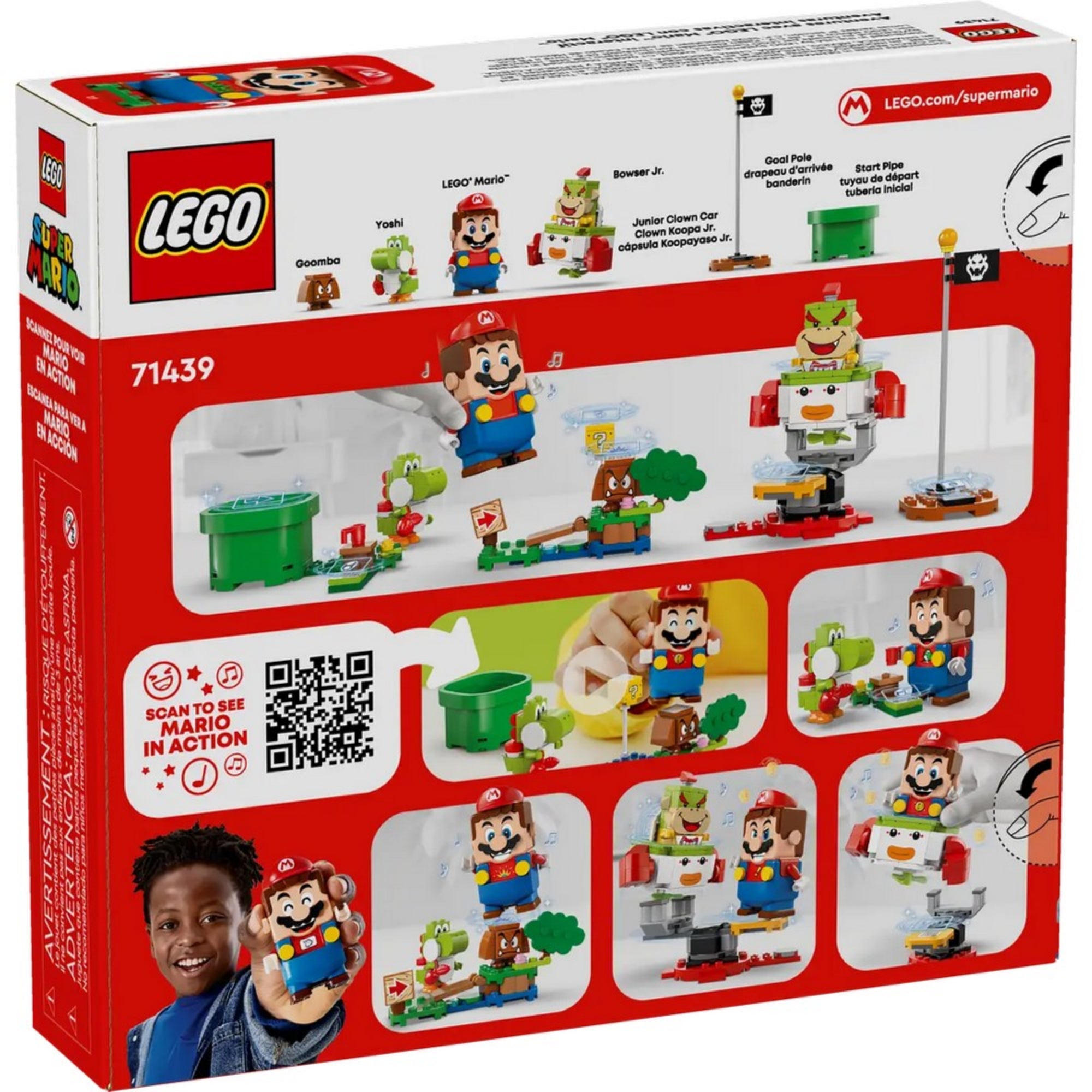 A LEGO Super Mario 71439 készlet dobozának hátlapja, részletes bemutatással az interaktív LEGO Mario figuráról, valamint a szereplőkről, mint Yoshi, Bowser Jr., Goomba és a Junior Clown Car, akció közbeni illusztrációkkal.