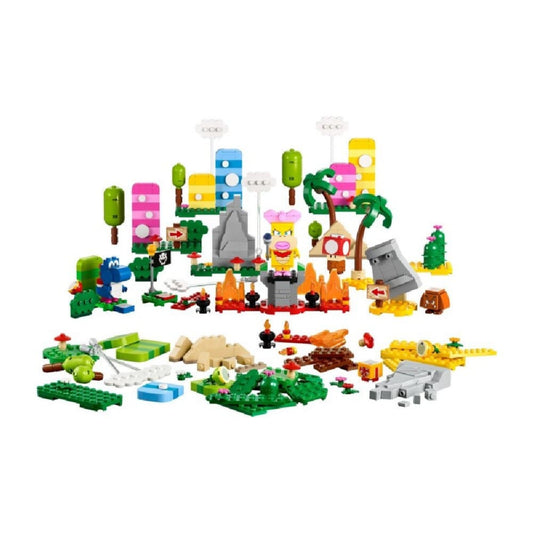 A LEGO Super Mario Kreatív építés kiegészítő szett (71418) minden eleme kirakva, színes díszletekkel, lávával, fákkal és karakterekkel, köztük Peach hercegnővel a trónján.