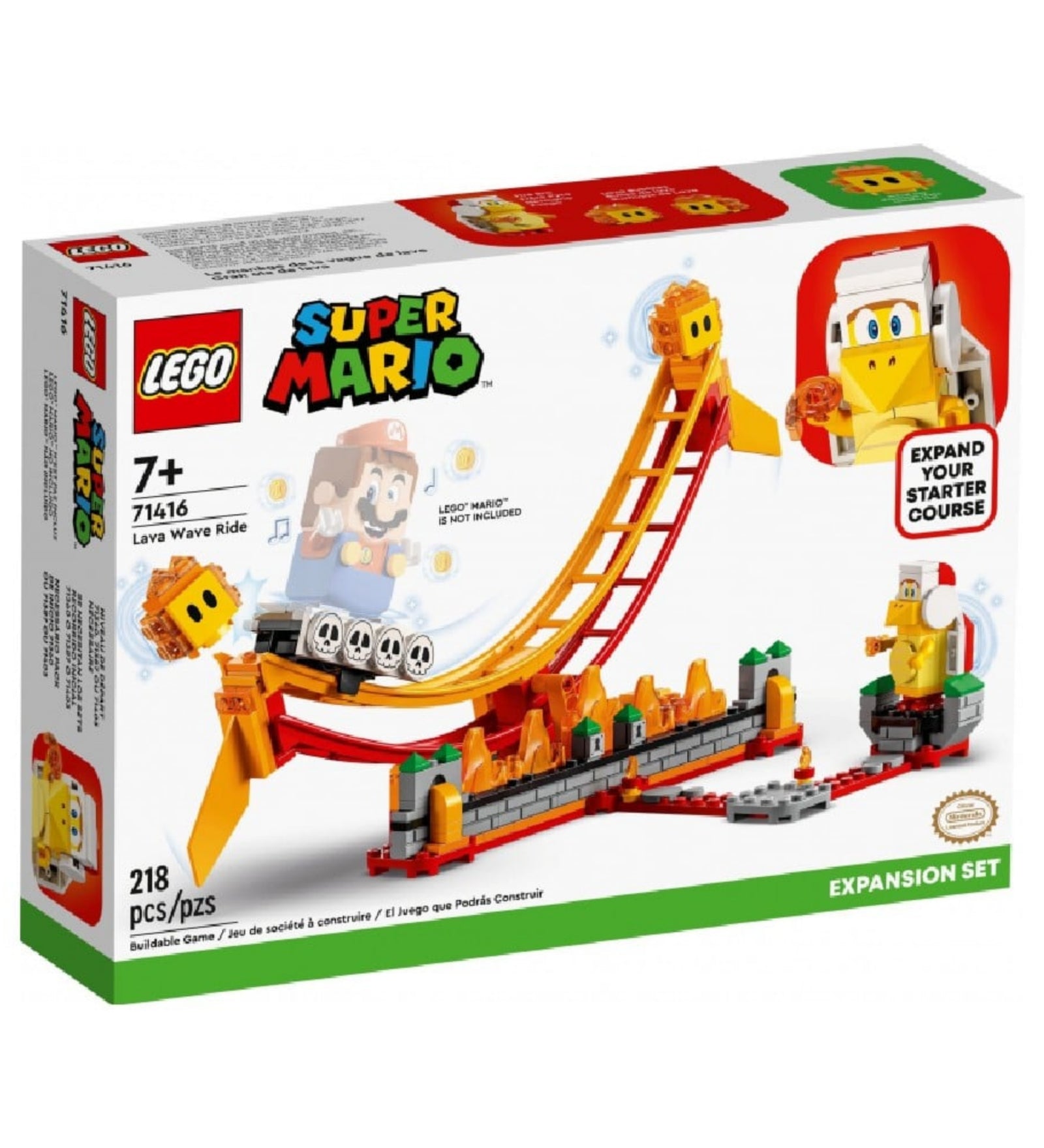LEGO Super Mario Lavahullám-lovaglás (71416) doboza, előtérben a hullámon lovagló Mario és a tűzharcos figura.