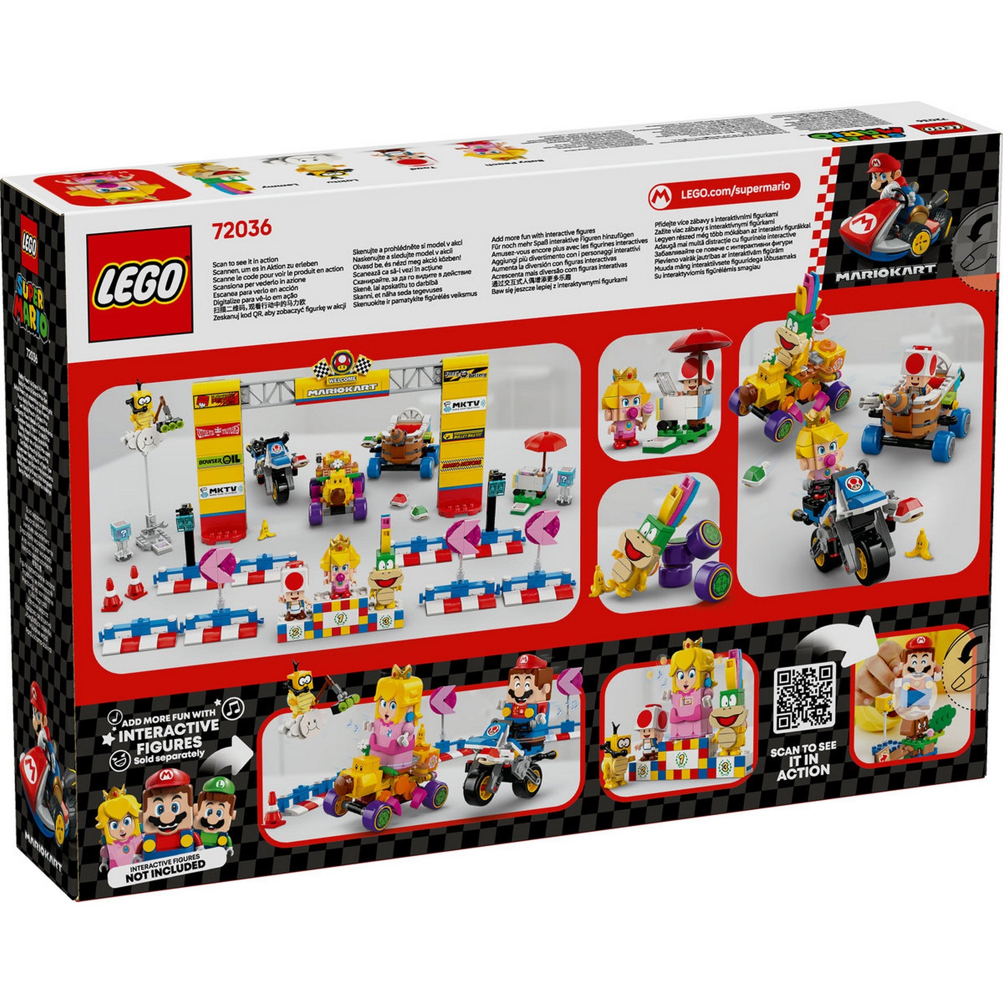 A LEGO Super Mario Mario Kart Baby Peach és Grand Prix szett (72036) dobozának hátlapja, részletekkel a készlet elemeiről és a versenyhelyszínről.