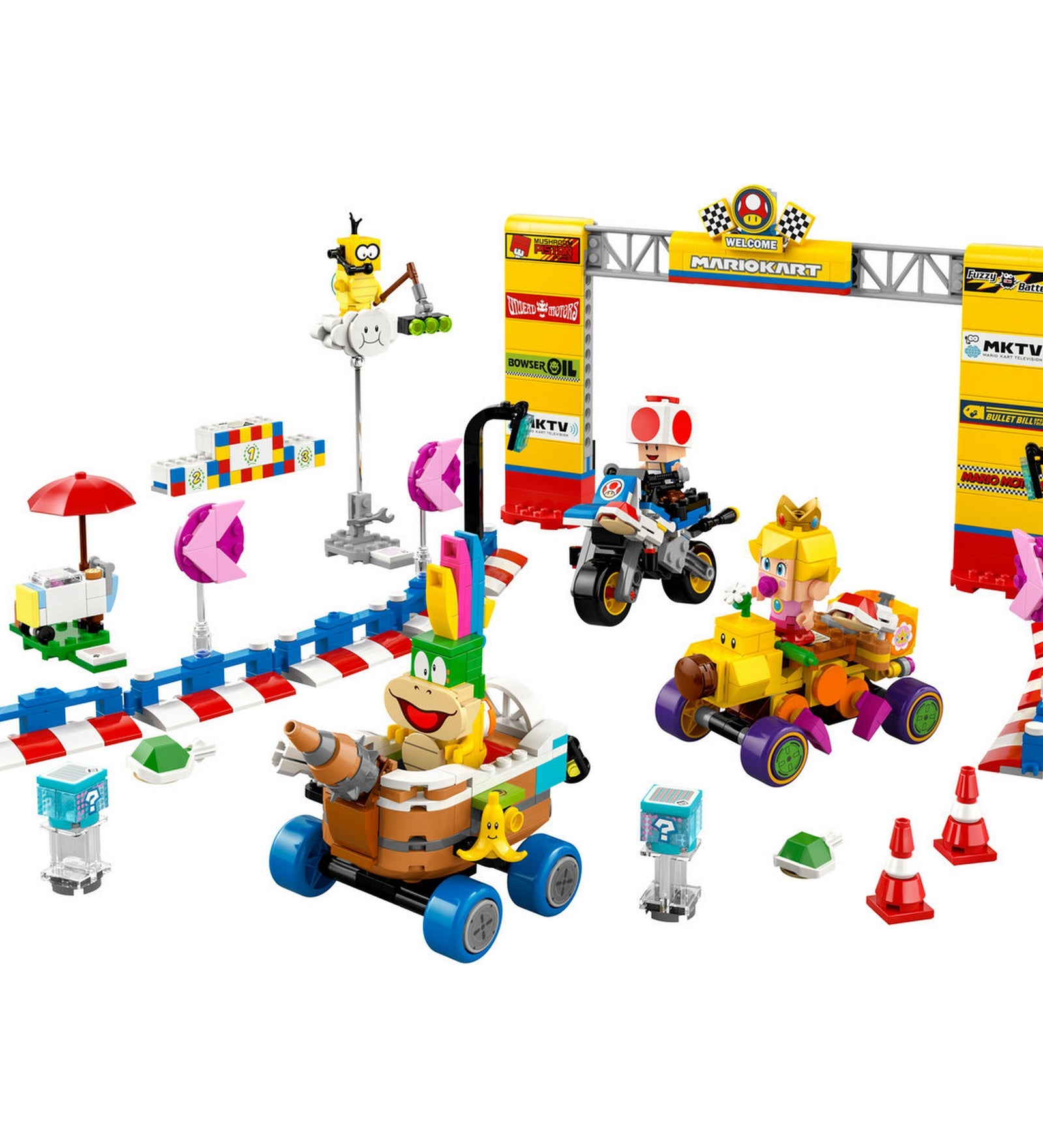 A LEGO Super Mario Mario Kart Baby Peach és Grand Prix szett (72036) teljesen megépített versenypályája, színes elemekkel és figurákkal
