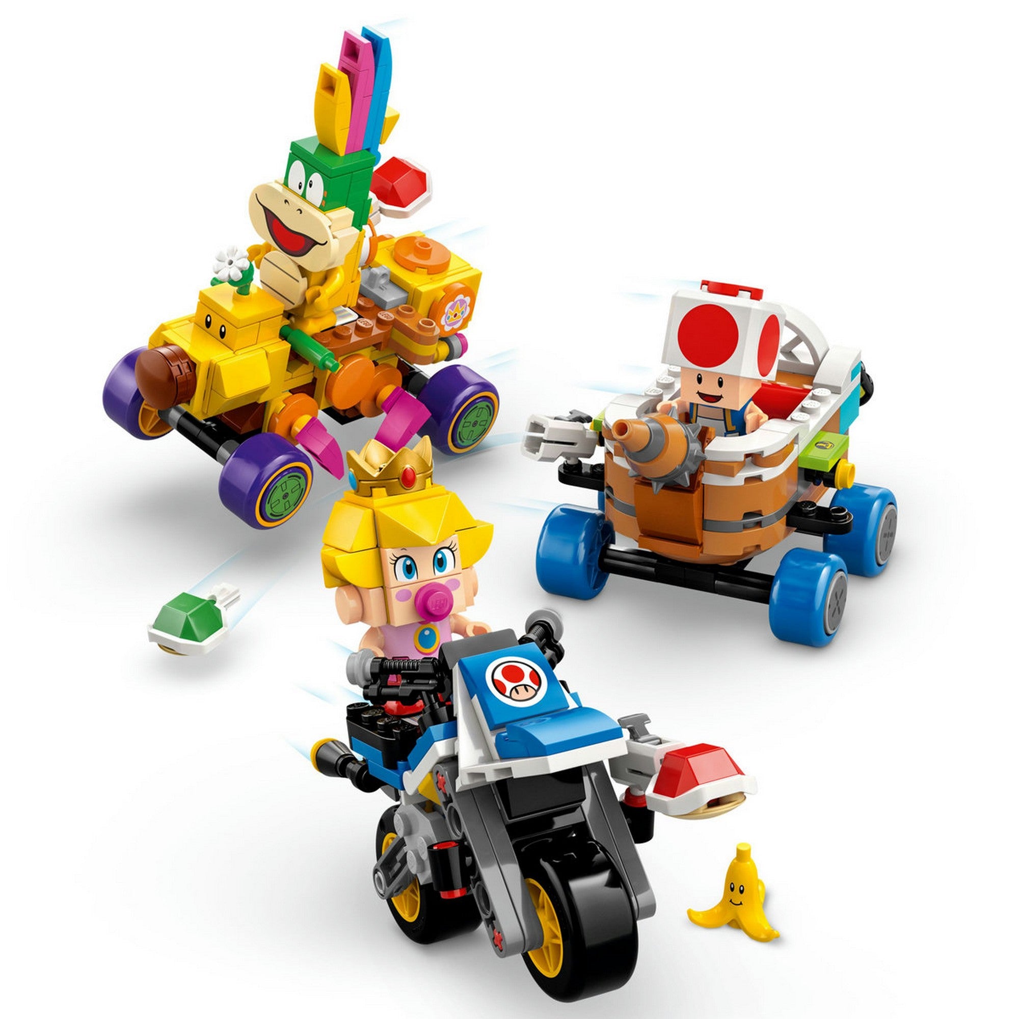 A LEGO Super Mario Mario Kart Baby Peach és Grand Prix szett (72036) figurái, köztük Baby Peach, Toad és Lemmy a versenyautókban.