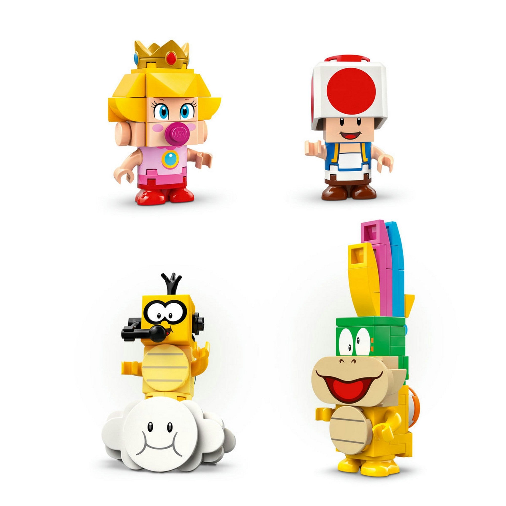 LEGO Super Mario Mario Kart Baby Peach és Grand Prix szett (72036) ikonikus karakterek: Baby Peach, Toad, Lakitu és Lemmy.
