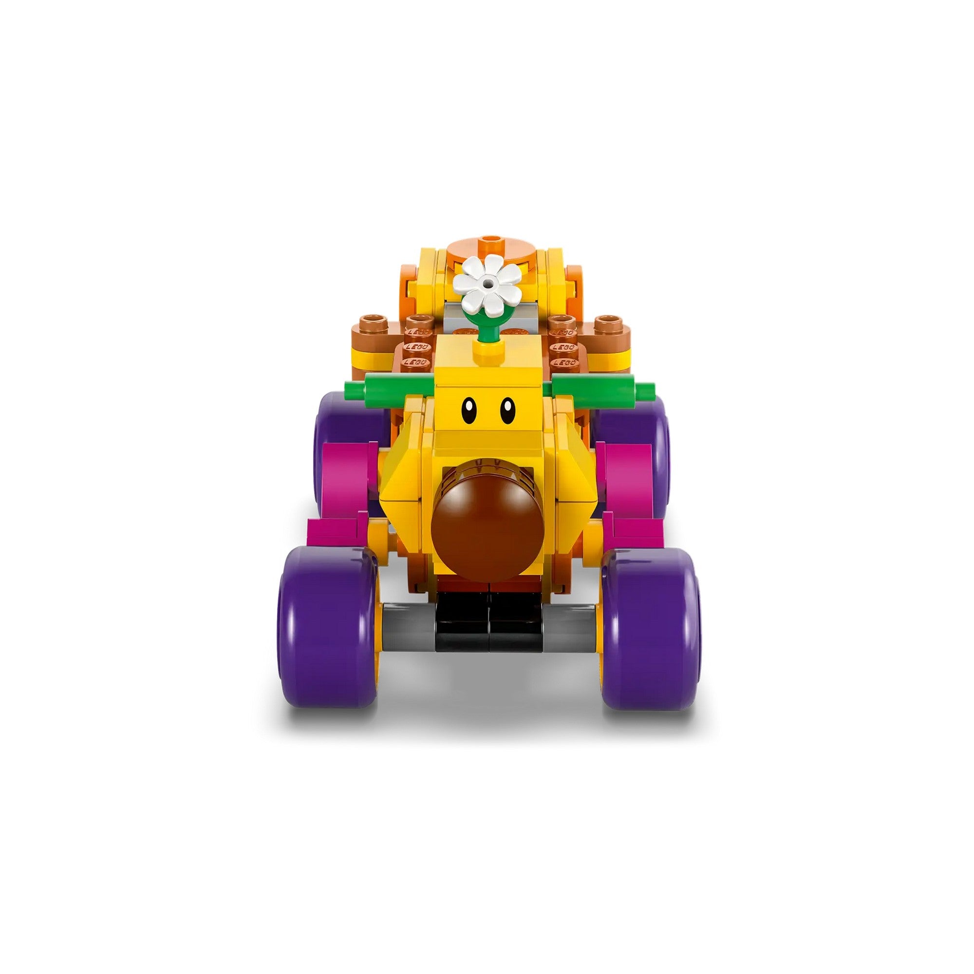 A LEGO Super Mario Mario Kart Baby Peach és Grand Prix szett (72036) Baby Peach aranyos virágos versenyautója elölről.