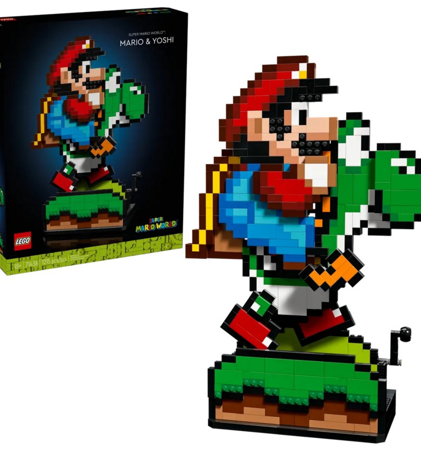 A LEGO Super Mario 71438 készlet doboza és a benne található Mario-Yoshi építmény egymás mellett, jól látható tartalommal.