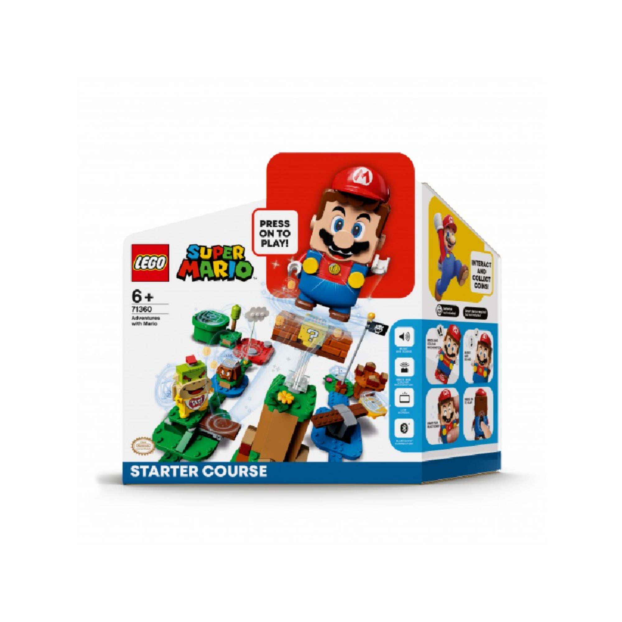 A LEGO Super Mario – Mario kalandjai kezdőpálya (71360) doboza, középpontban a mozgatható Mario figurával és a játéktér elemeivel, 6 éves kortól ajánlott, 231 darabbal.