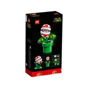 A LEGO Super Mario Piranha növény (71426) dobozának hátoldala több szögből mutatja be a kész modellt, világoszöld háttérrel és extra képekkel az alján.